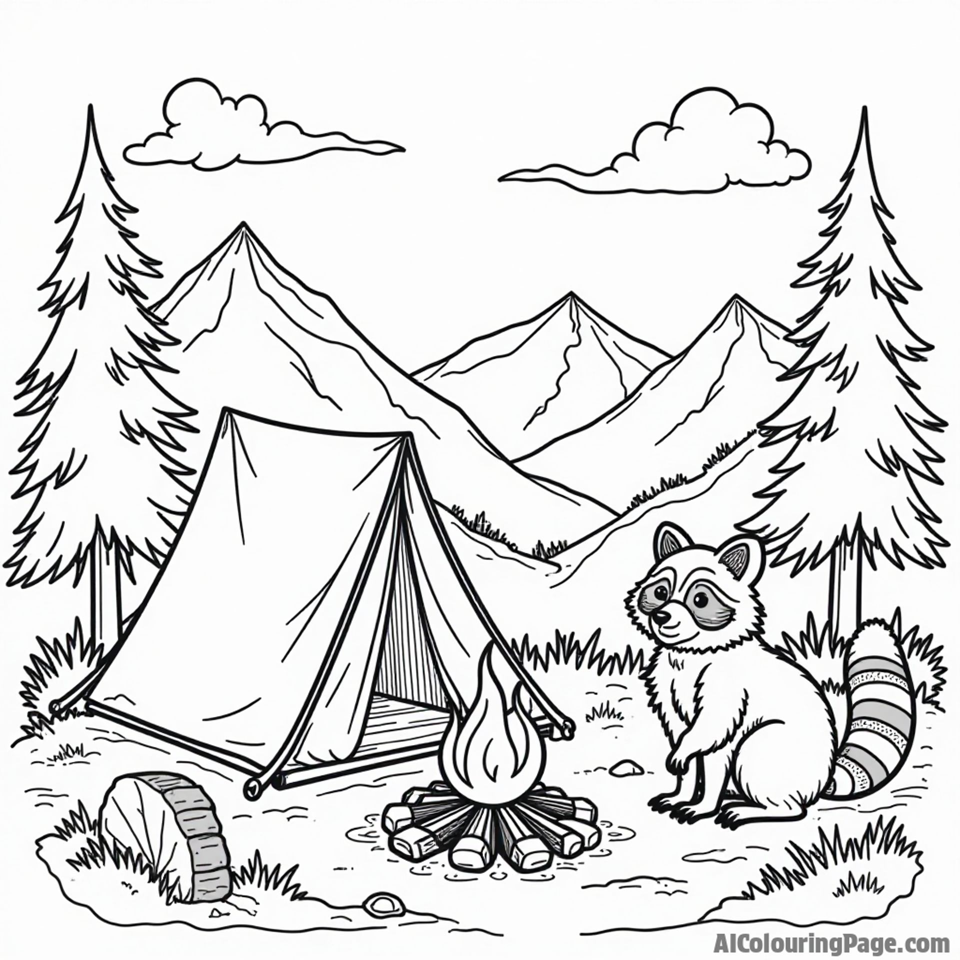 An adventurous Montana camping scene with a tent, campfire, and a curious raccoon, great for engaging coloring experiences.