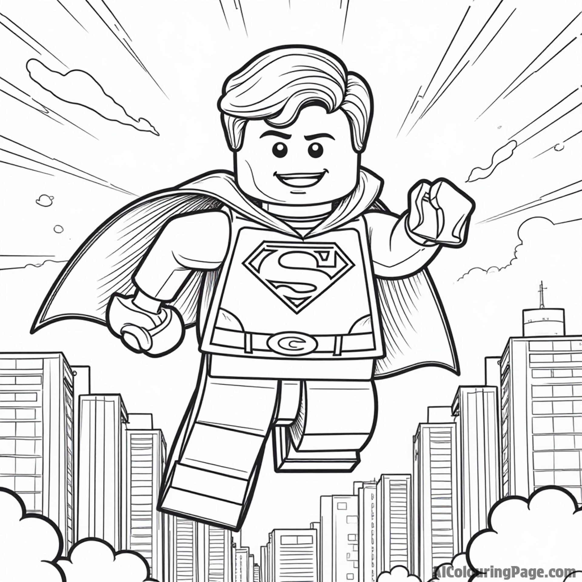 A LEGO superhero flying through the air with a city skyline behind, wearing a cape and striking a heroic pose.