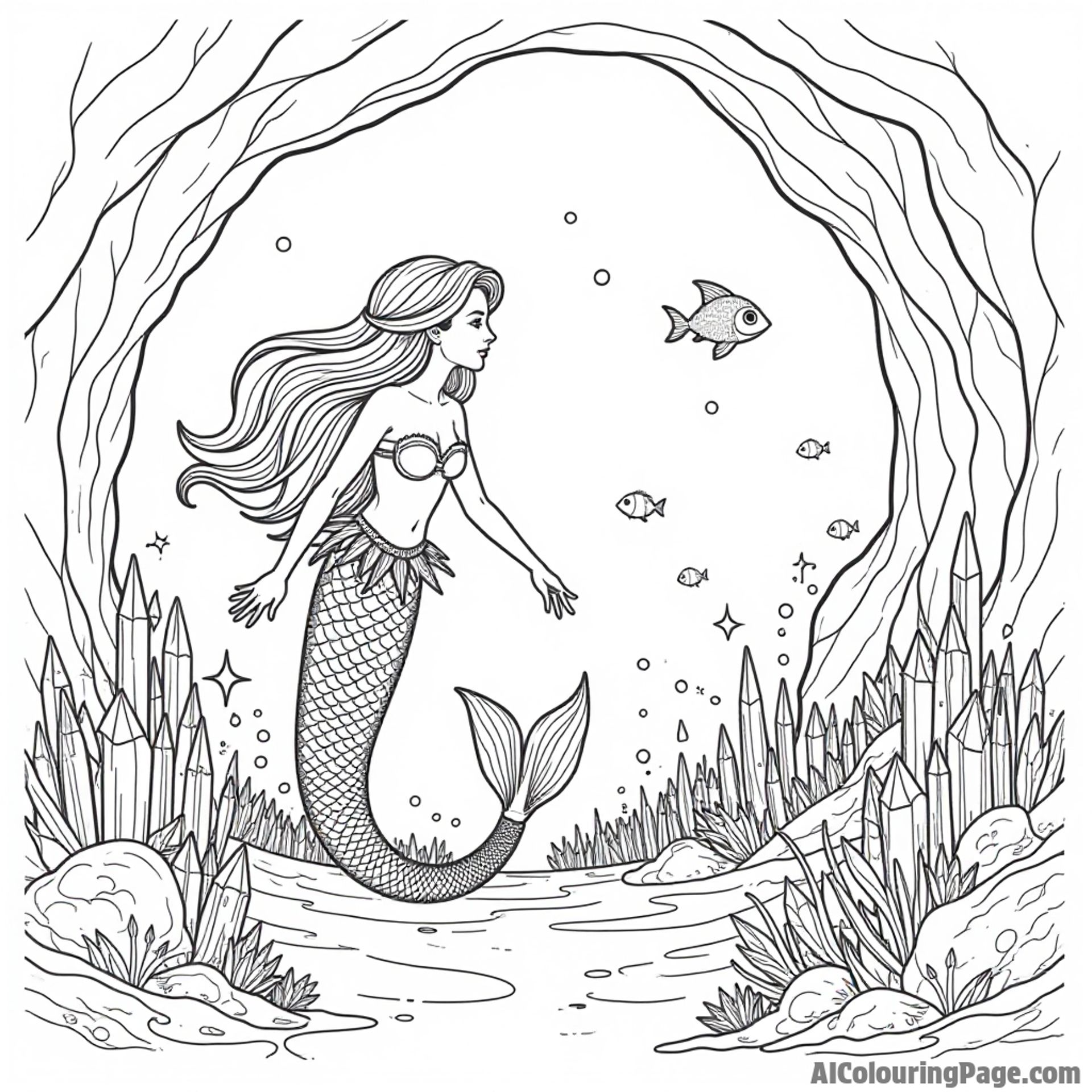 A mermaid exploring underwater caves filled with sparkling crystals and hidden treasures, with fish lighting the way.