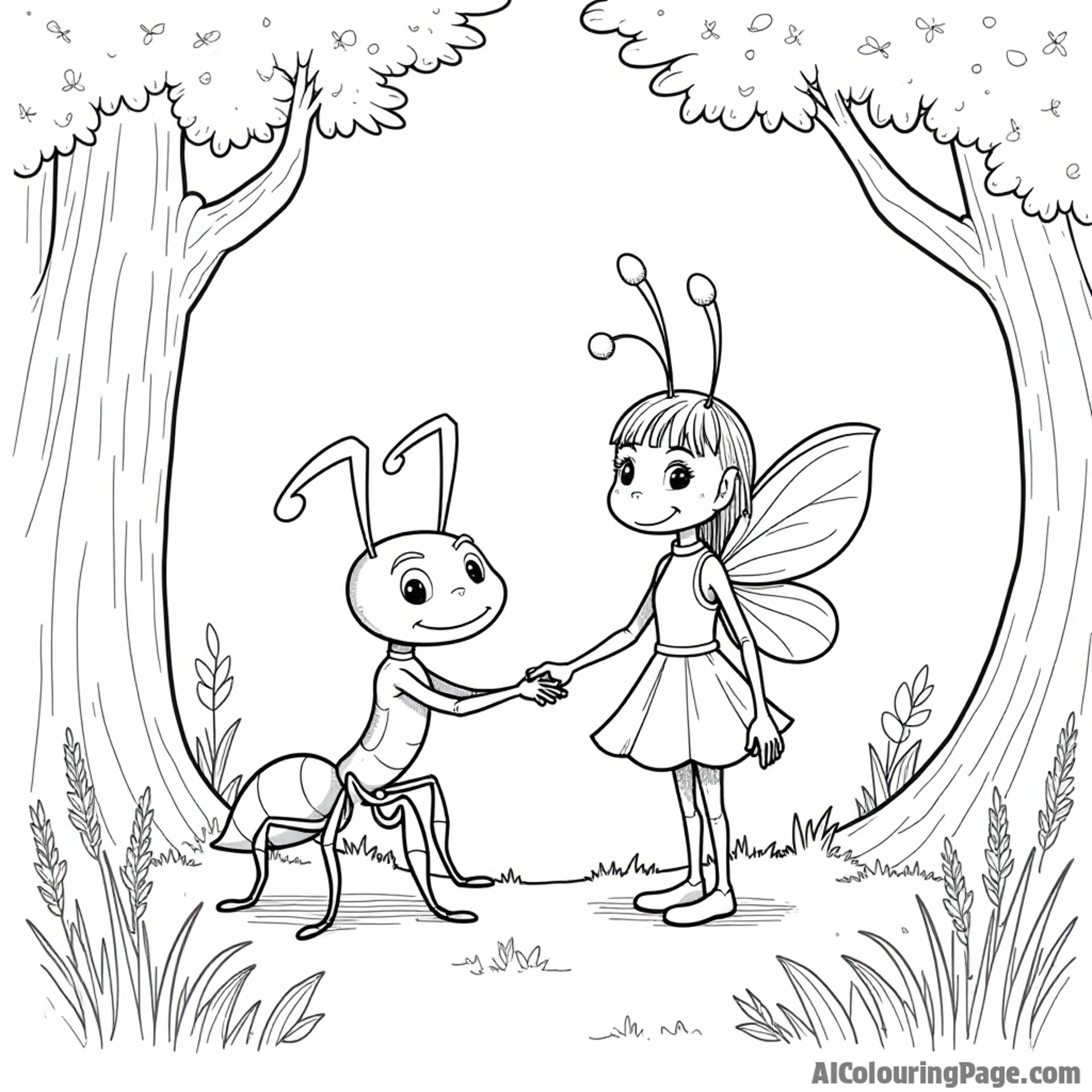 A friendly ant holding hands with a fairy in a magical forest, creating an enchanting scene for coloring adventures.