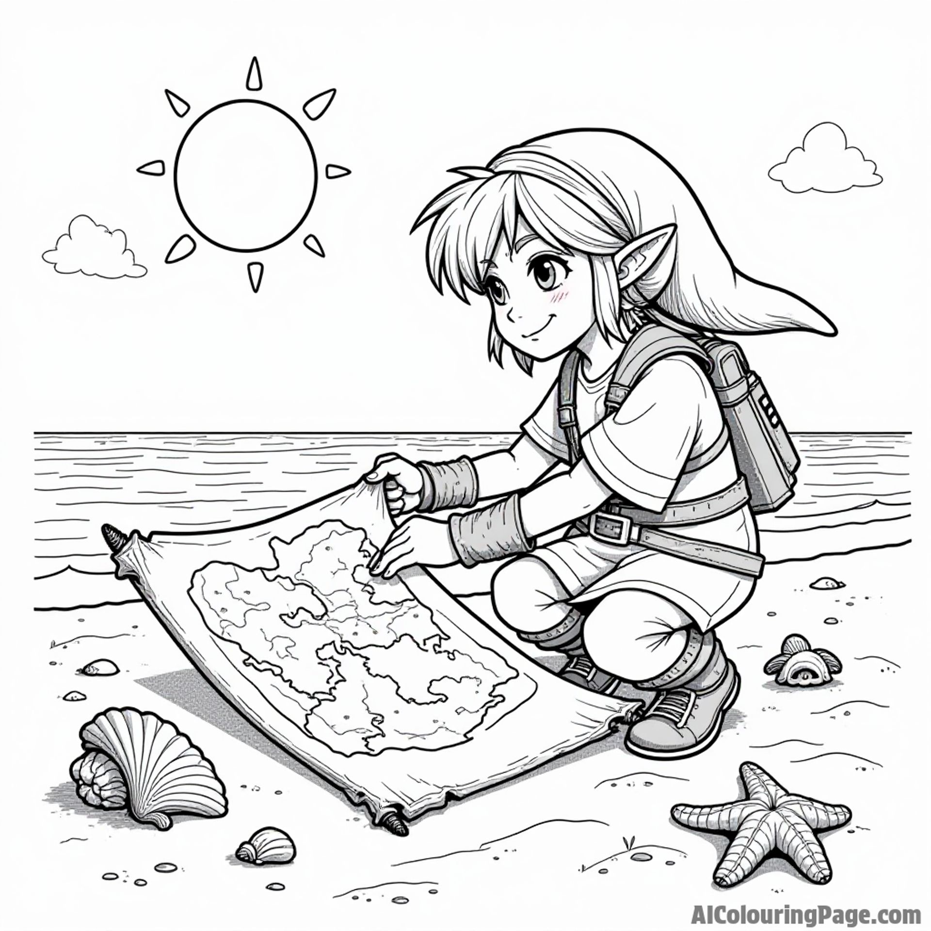 Link finding a mysterious map in a bottle on the beach, surrounded by seashells, sand, and a bright sun above