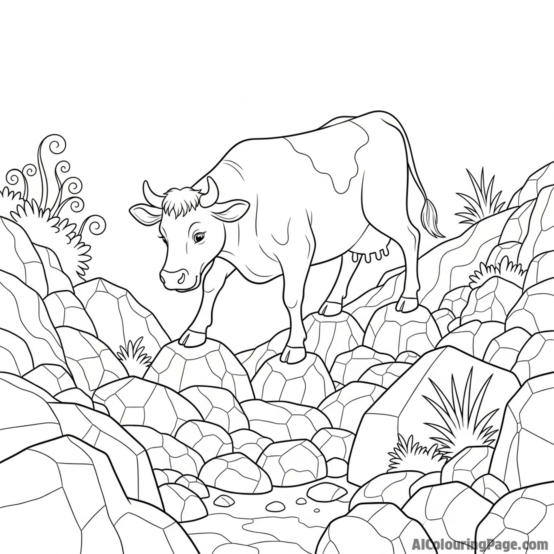 An adventurous cow carefully navigating a rugged, rocky hillside.