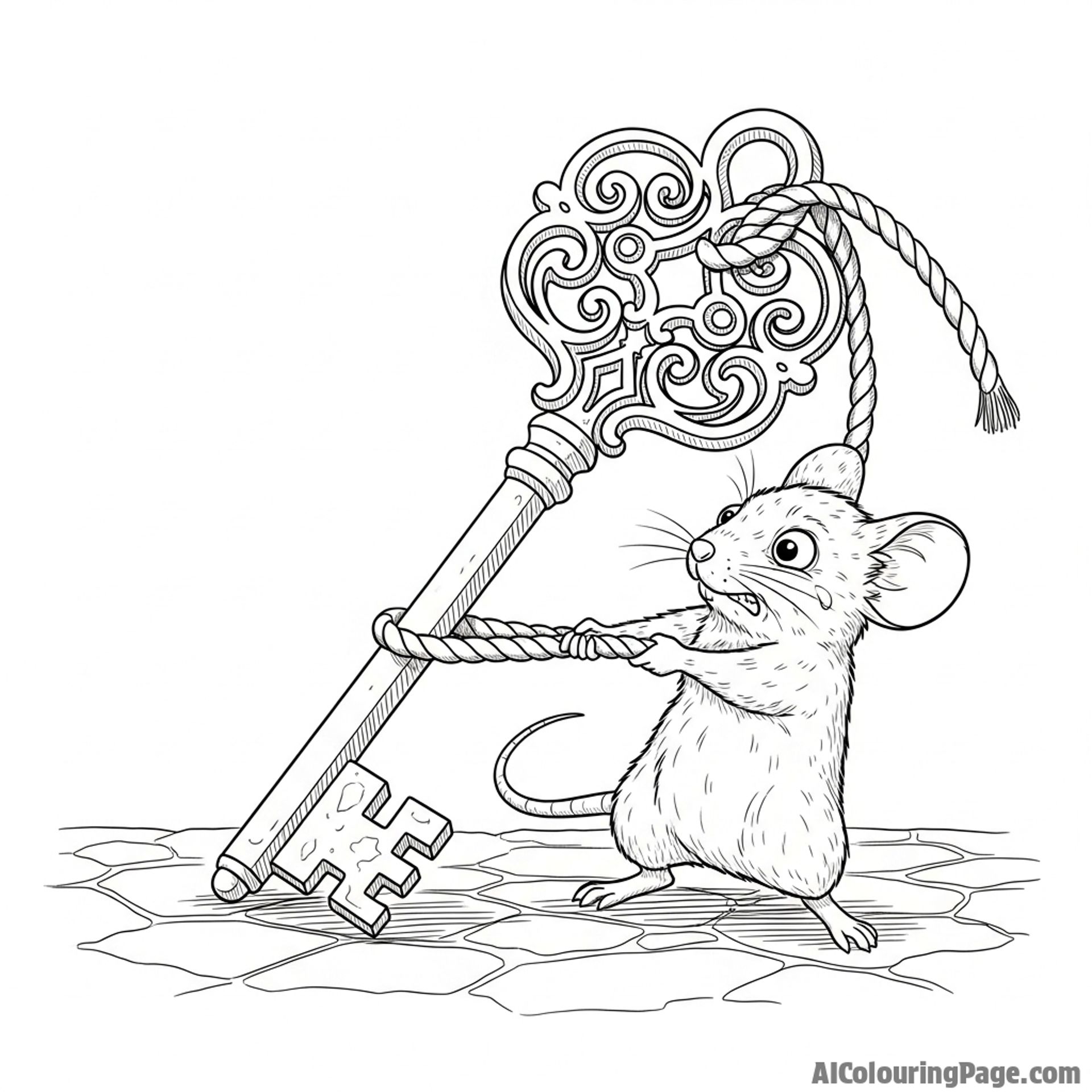 A mouse struggling to pull a heavy, ornate key across a stone floor.