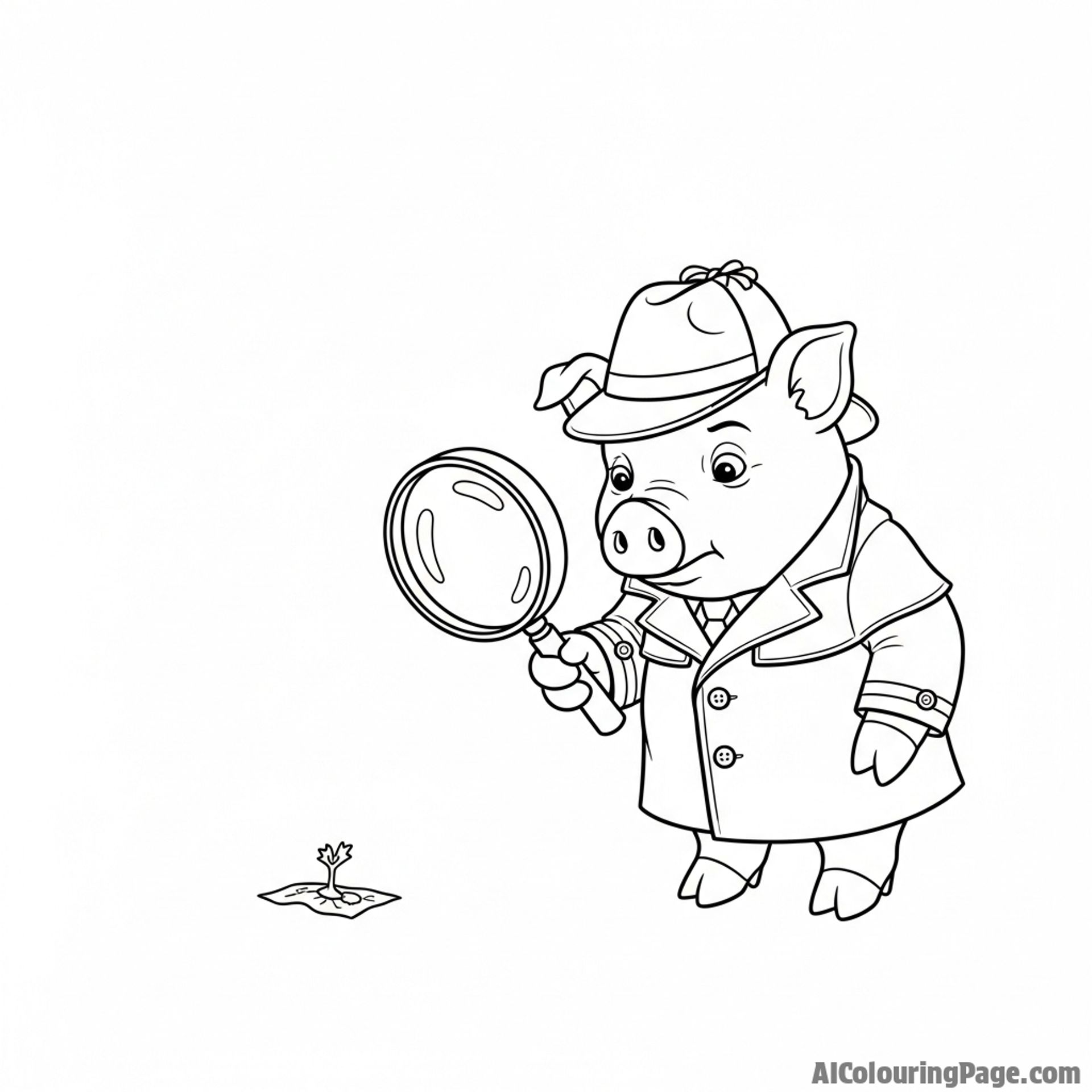 A pig detective in a trench coat and fedora, examining a clue with a magnifying glass.