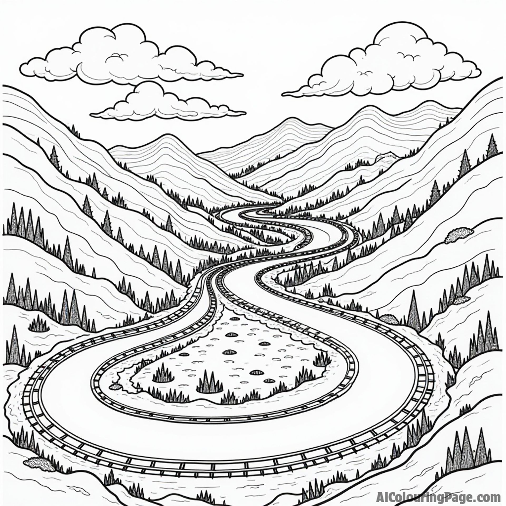 A scenic race track winding through a colorful landscape, with hills and rivers, providing a backdrop for children to explore different terrains while coloring their adventures.