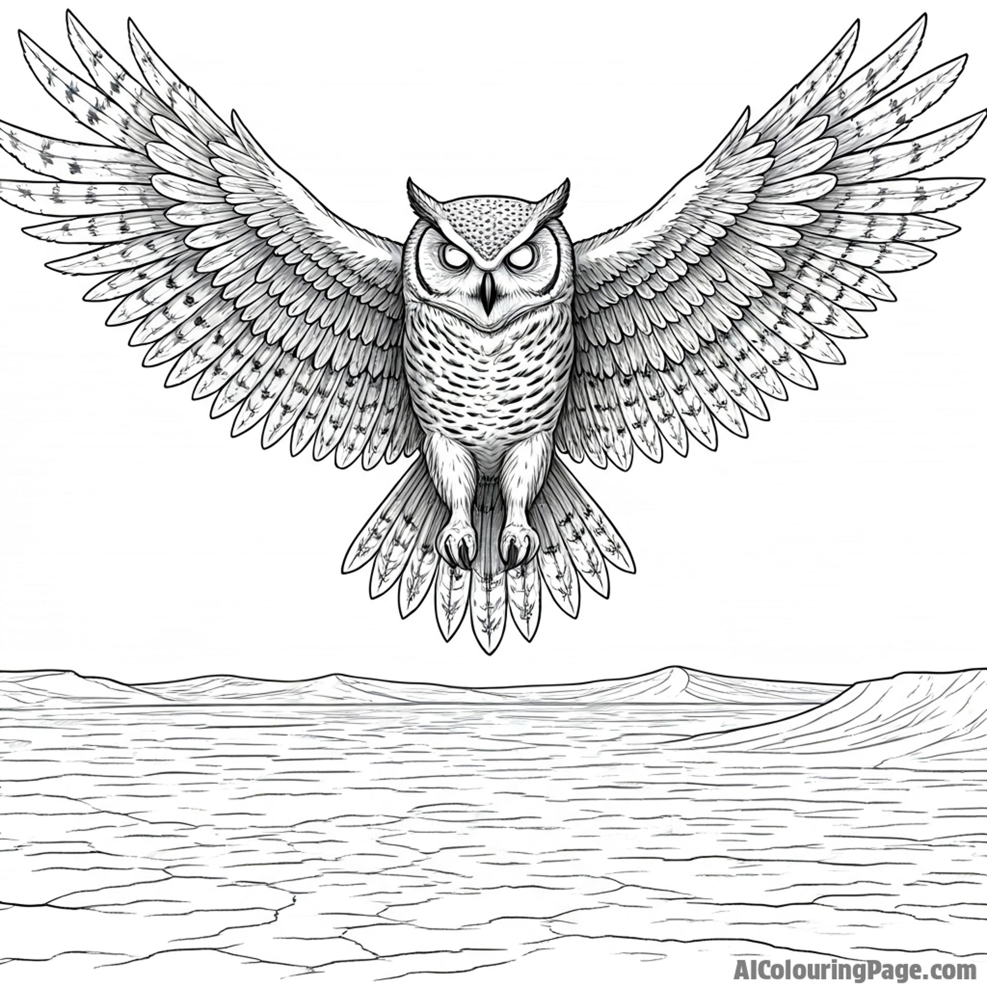 An owl with glowing eyes soaring over a desolate desert.