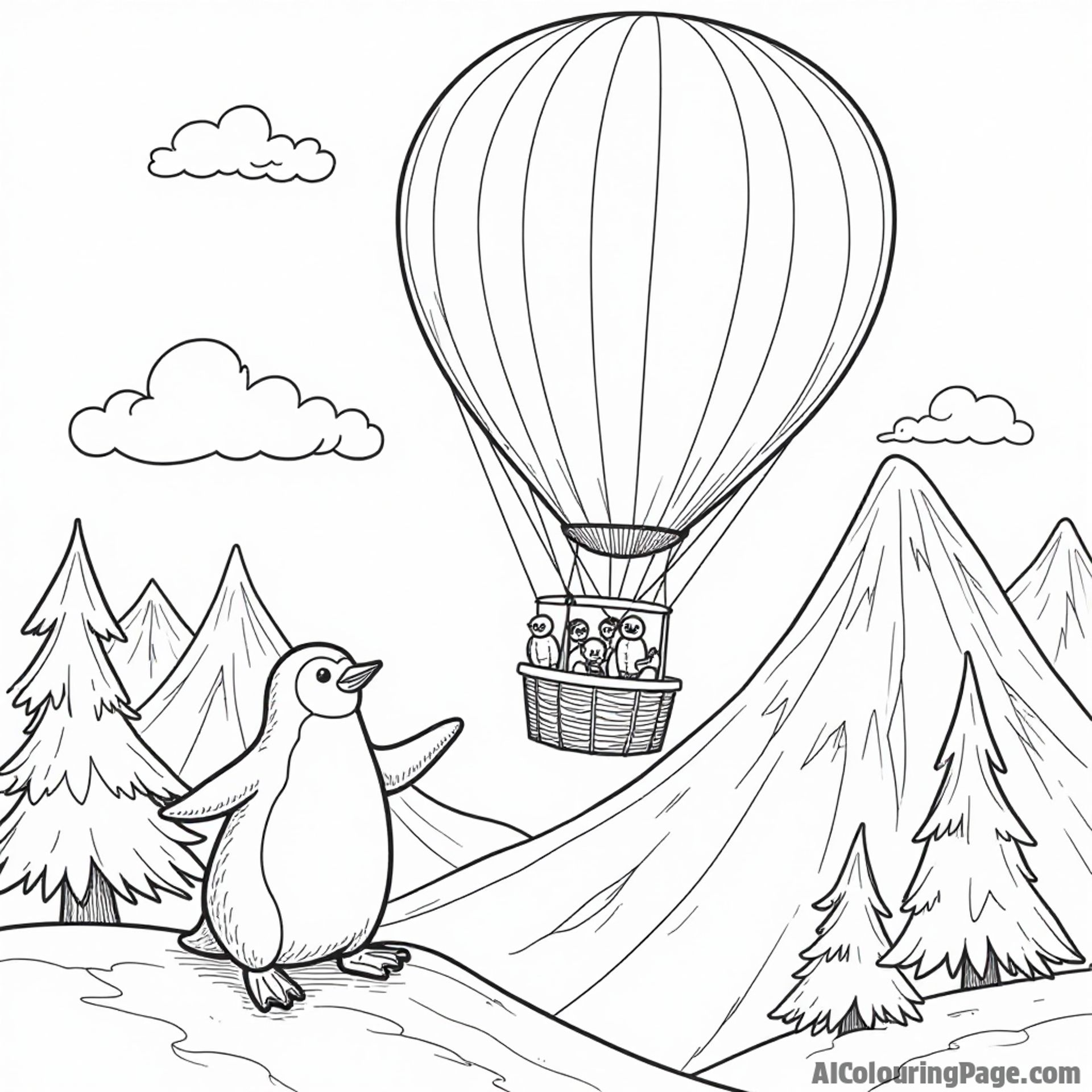 An adventurous hot air balloon ride over a snowy mountain, with a playful penguin sliding down, inviting children to color their winter exploration.