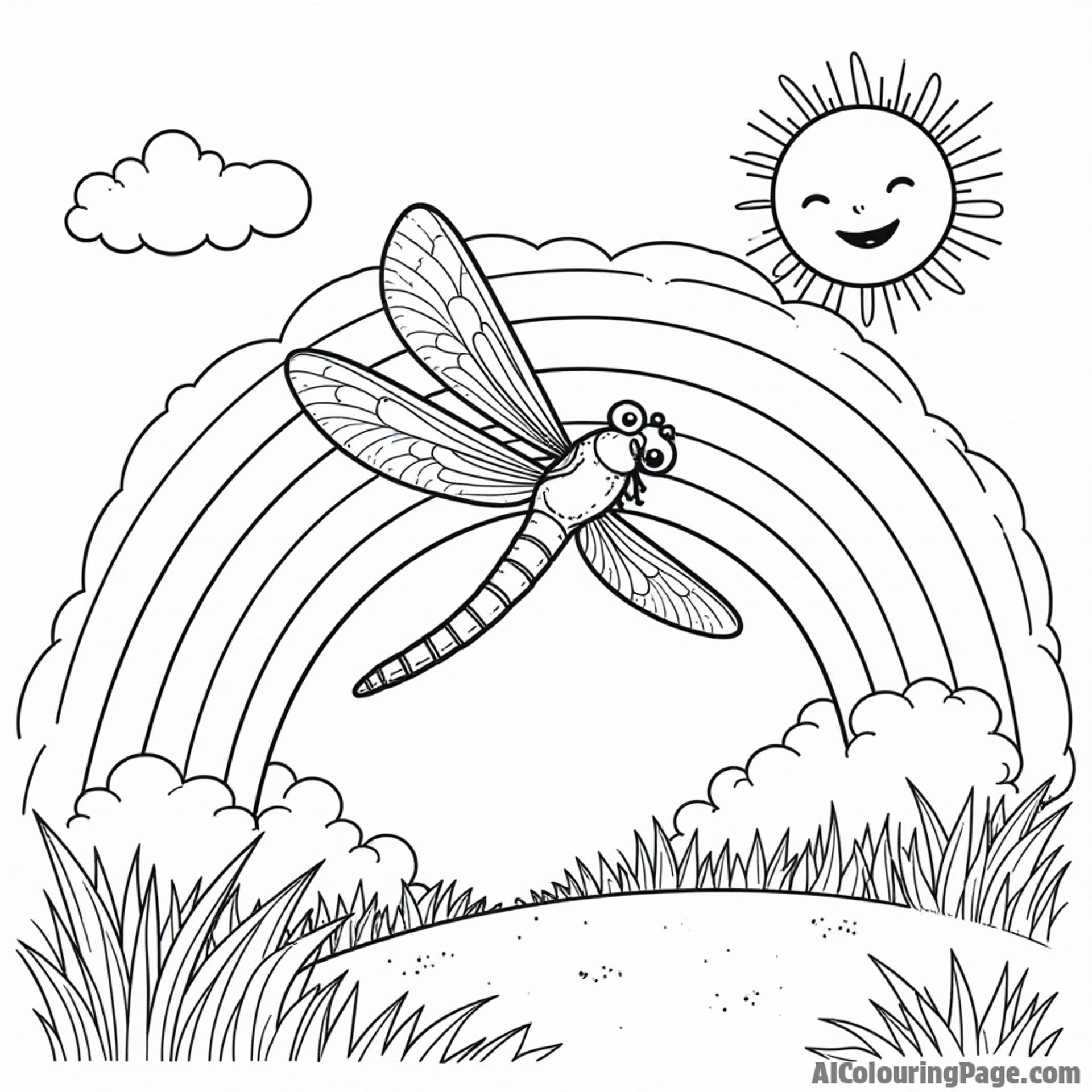 A dragonfly flying through a rainbow with fluffy clouds and a cheerful sun smiling down on the scene.