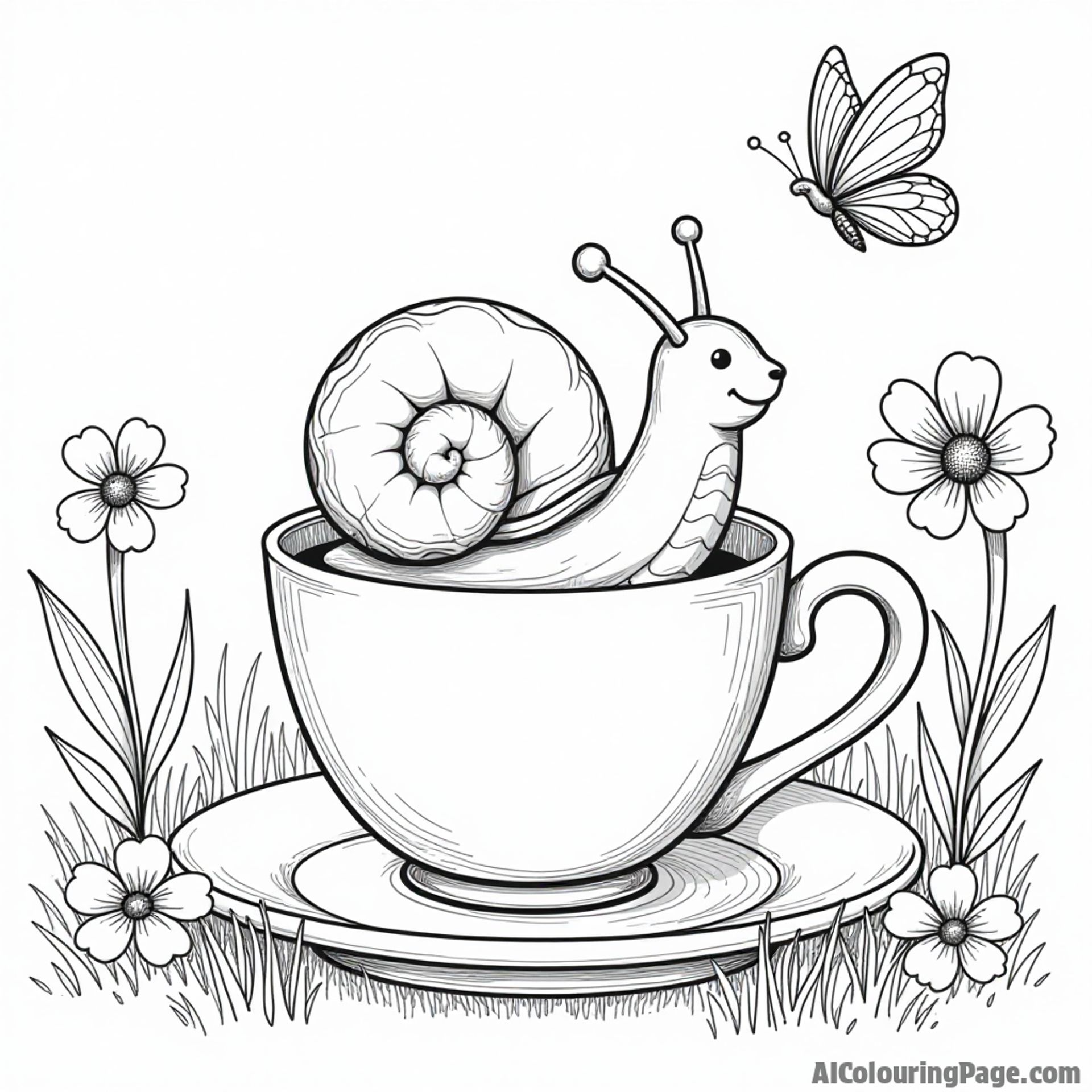 A snail peeking out of a teacup, with whimsical flowers and a butterfly fluttering around in a cozy garden scene.