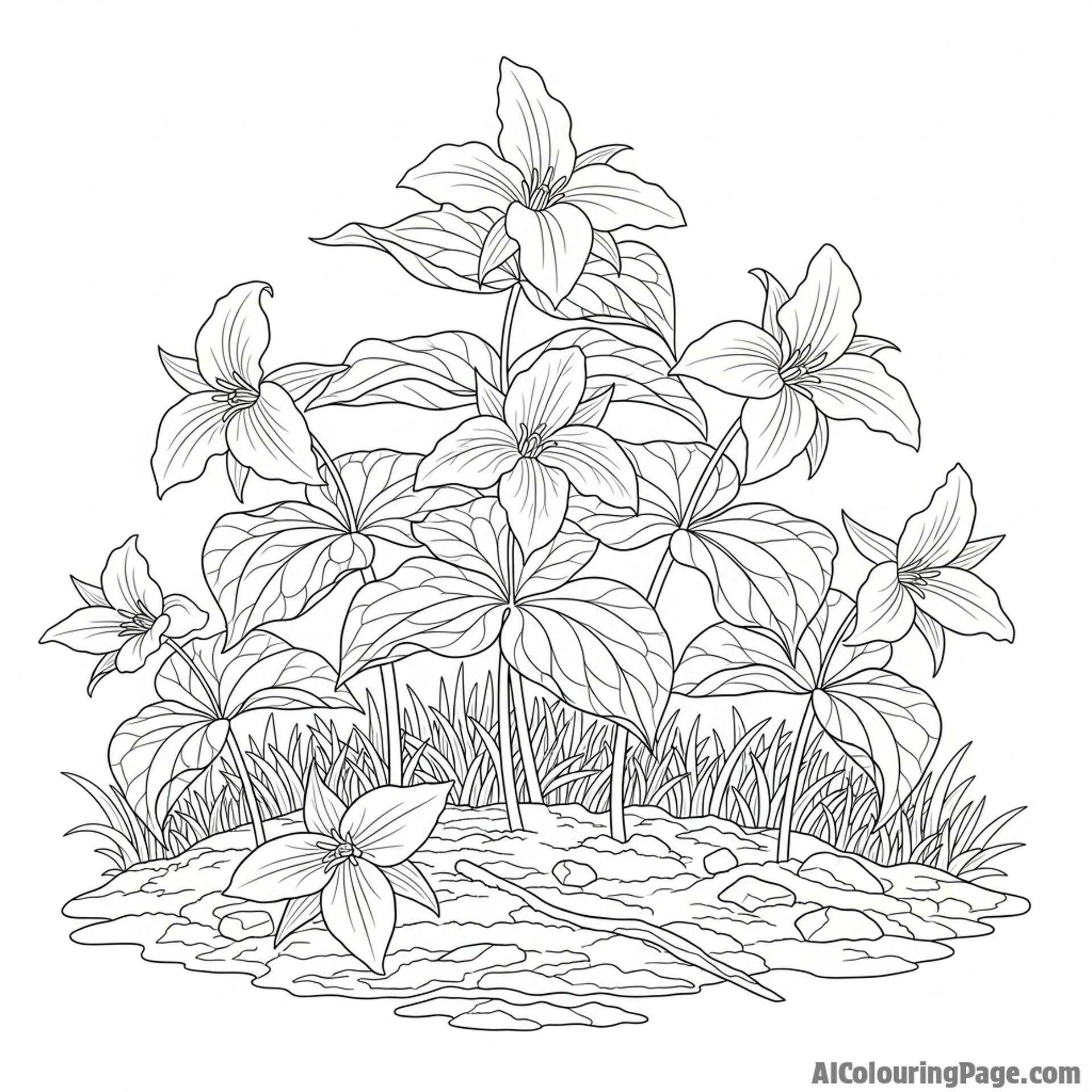 Trillium flowers on a forest floor, natural setting.