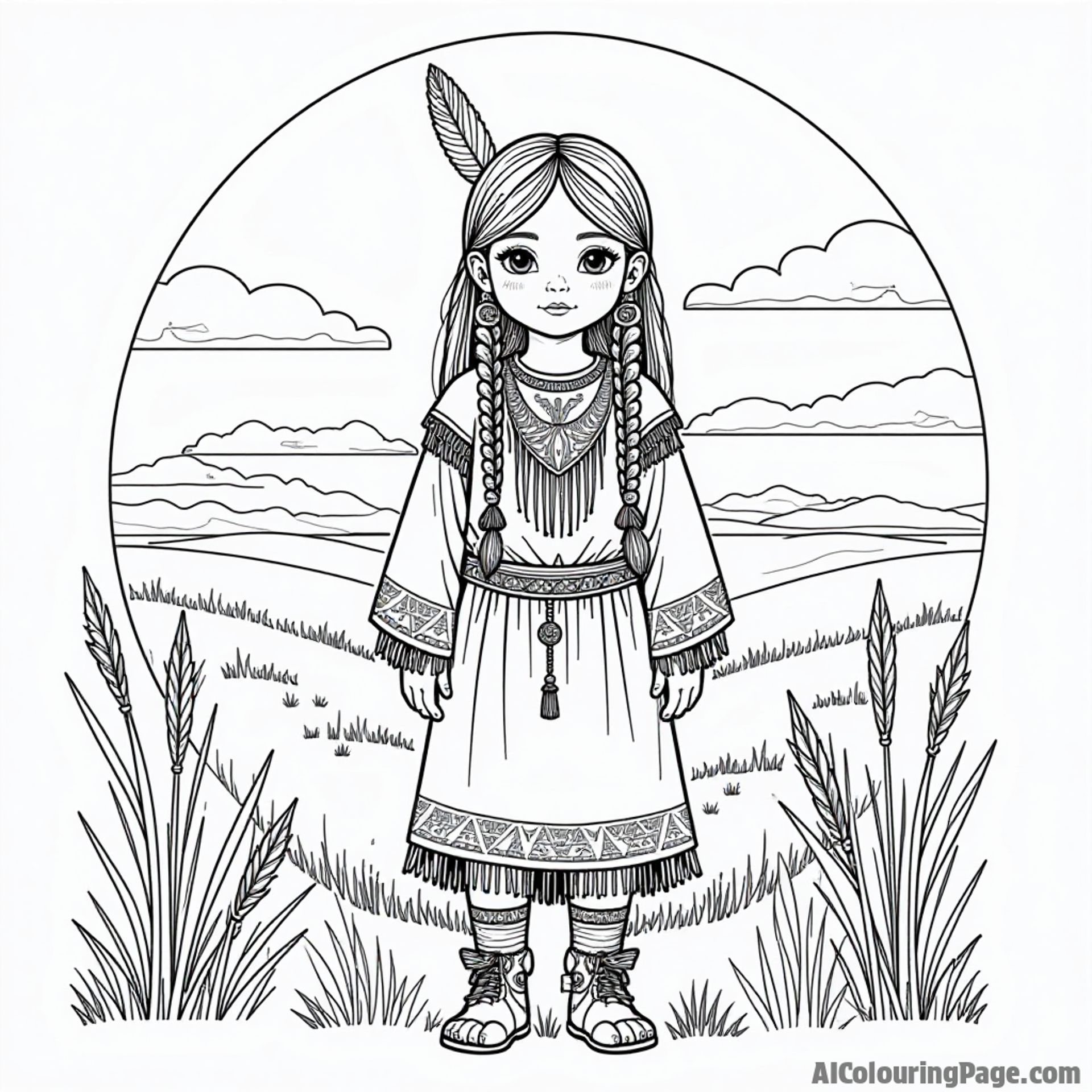 A Native American girl in traditional dress, surrounded by tribal patterns and a beautiful North Dakota landscape, for coloring.