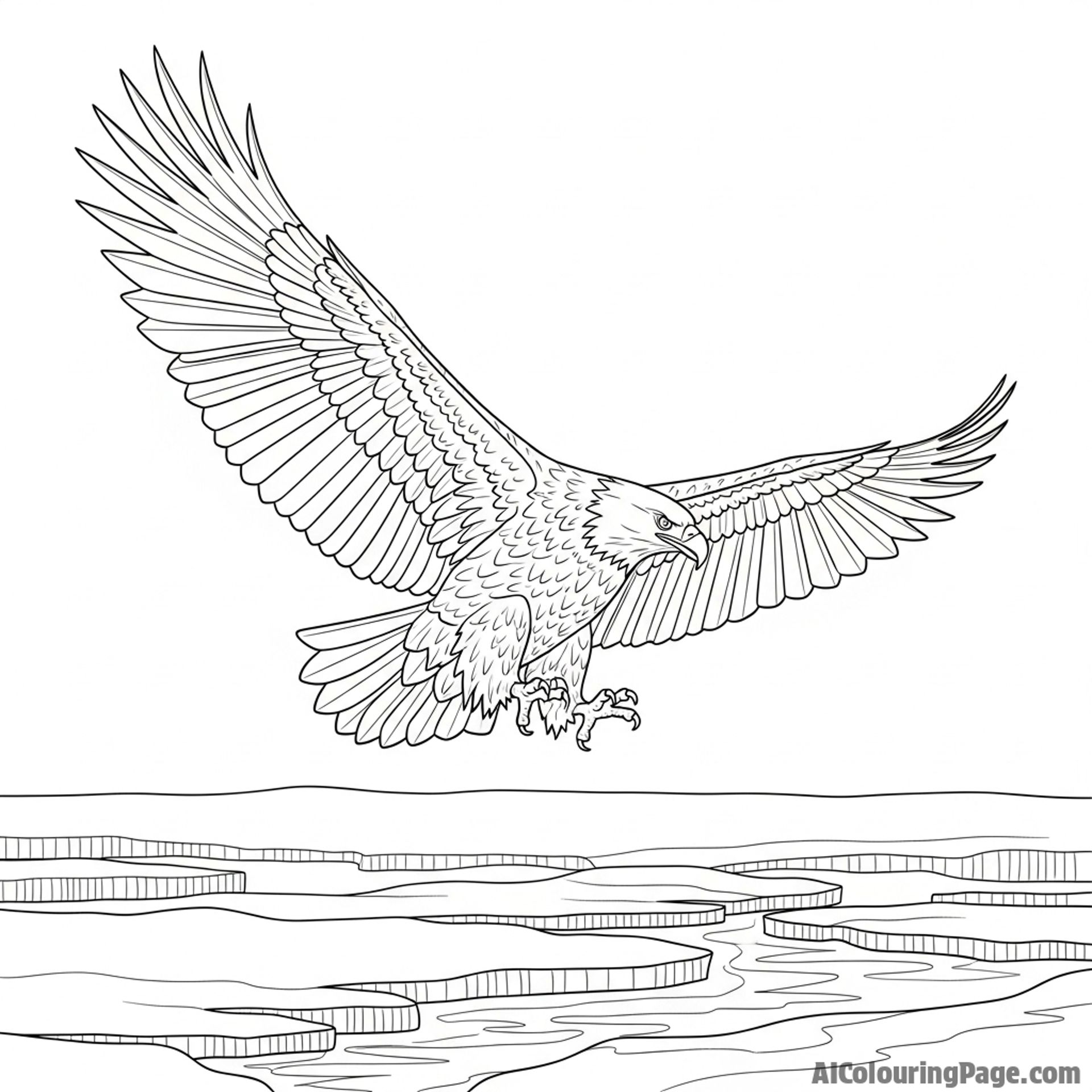 Eagle soaring above a frozen landscape.
