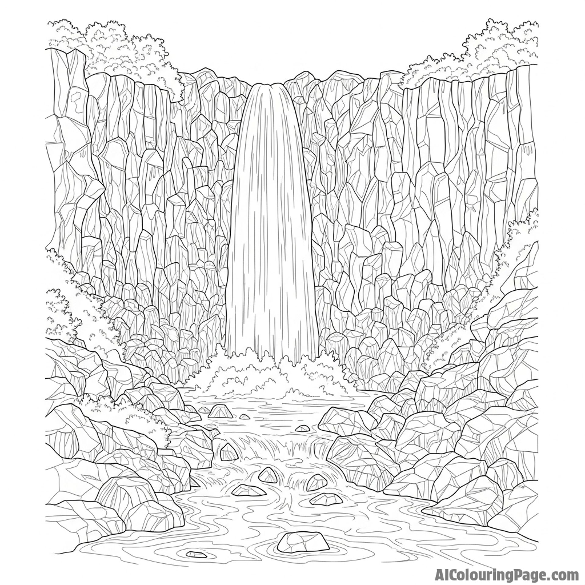 A waterfall cascading down a volcanic rock formation.