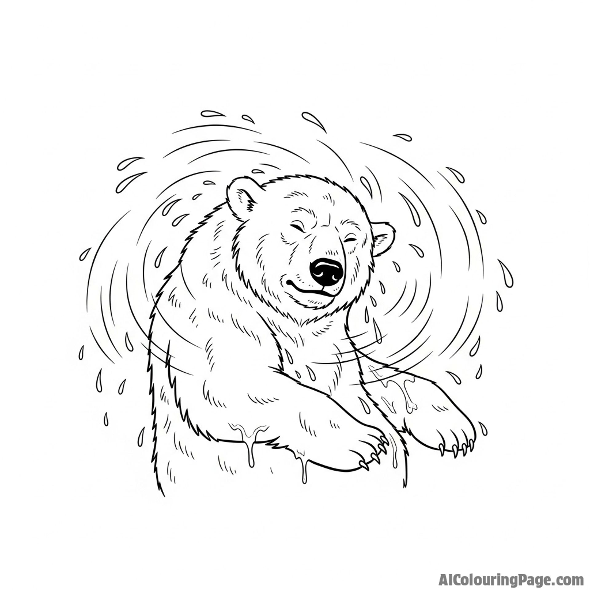 A polar bear shaking vigorously, sending a spray of water droplets into the air.