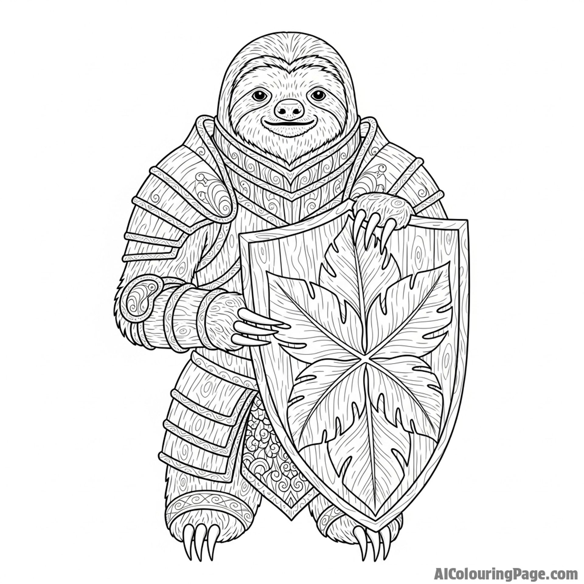 A knightly sloth in intricately carved wooden armor, holding a leafy shield.
