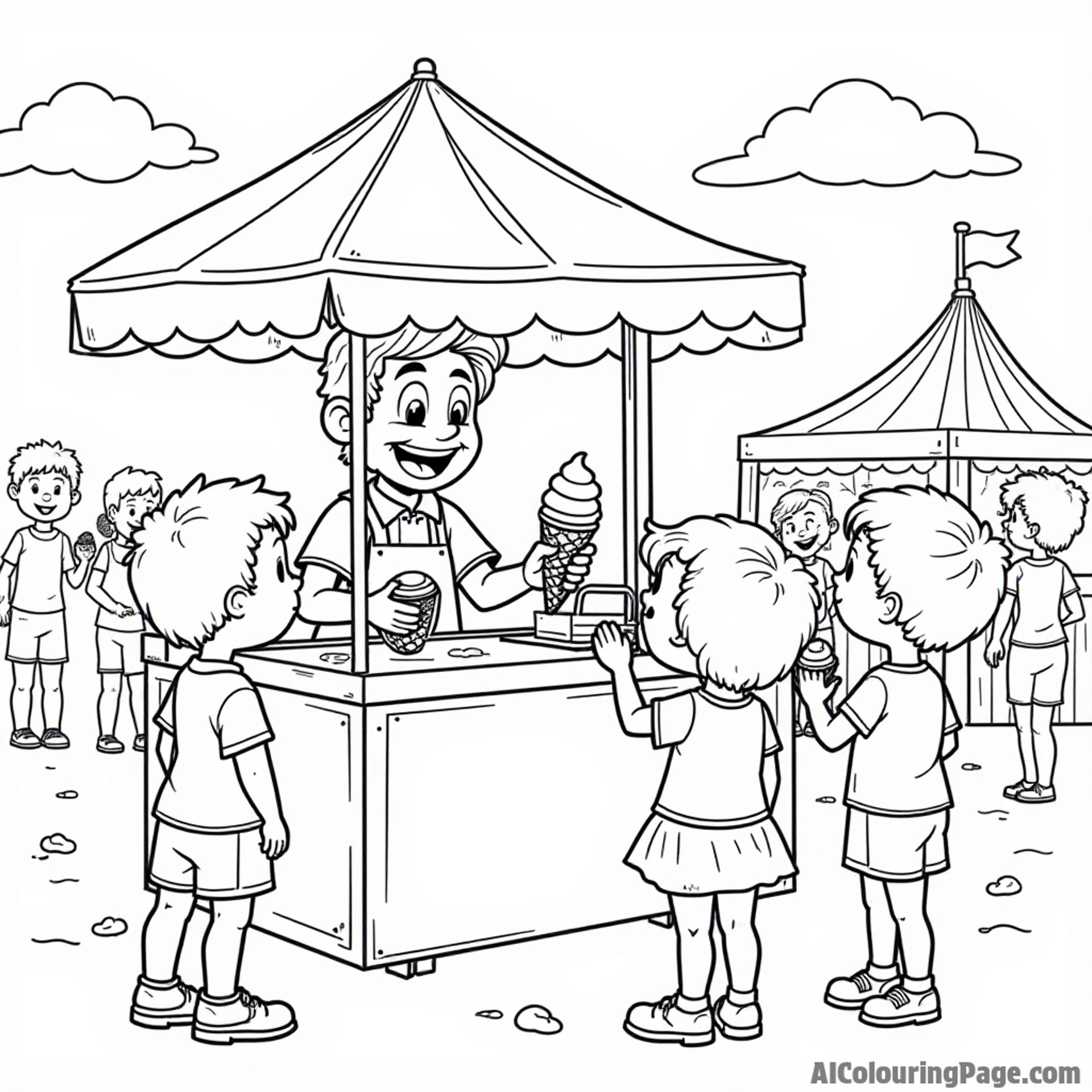 A friendly ice cream vendor serving delicious cones to excited children at a bustling summer fair