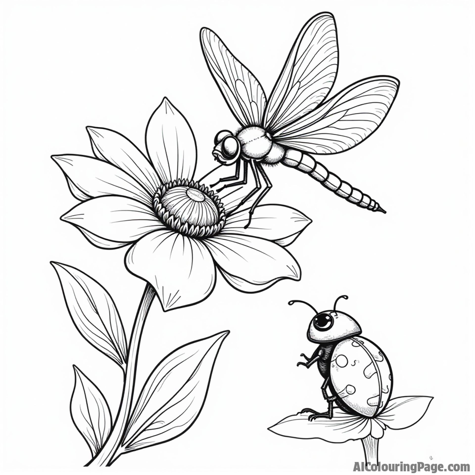 A whimsical dragonfly flying above a blooming flower with a curious ladybug watching from the petals below.