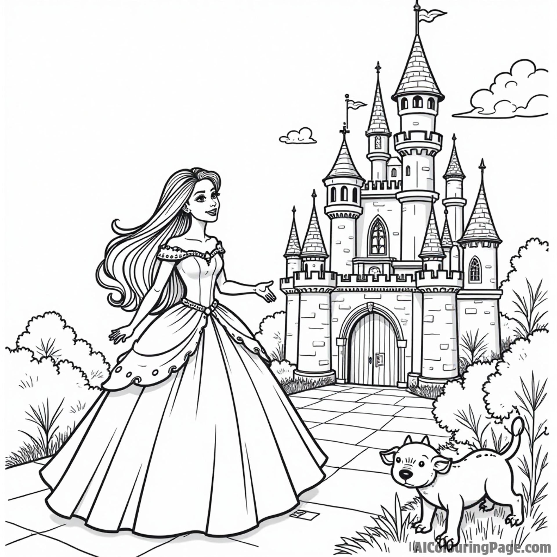 Barbie exploring an enchanted castle with magical creatures, wearing a beautiful gown, looking curious and excited.