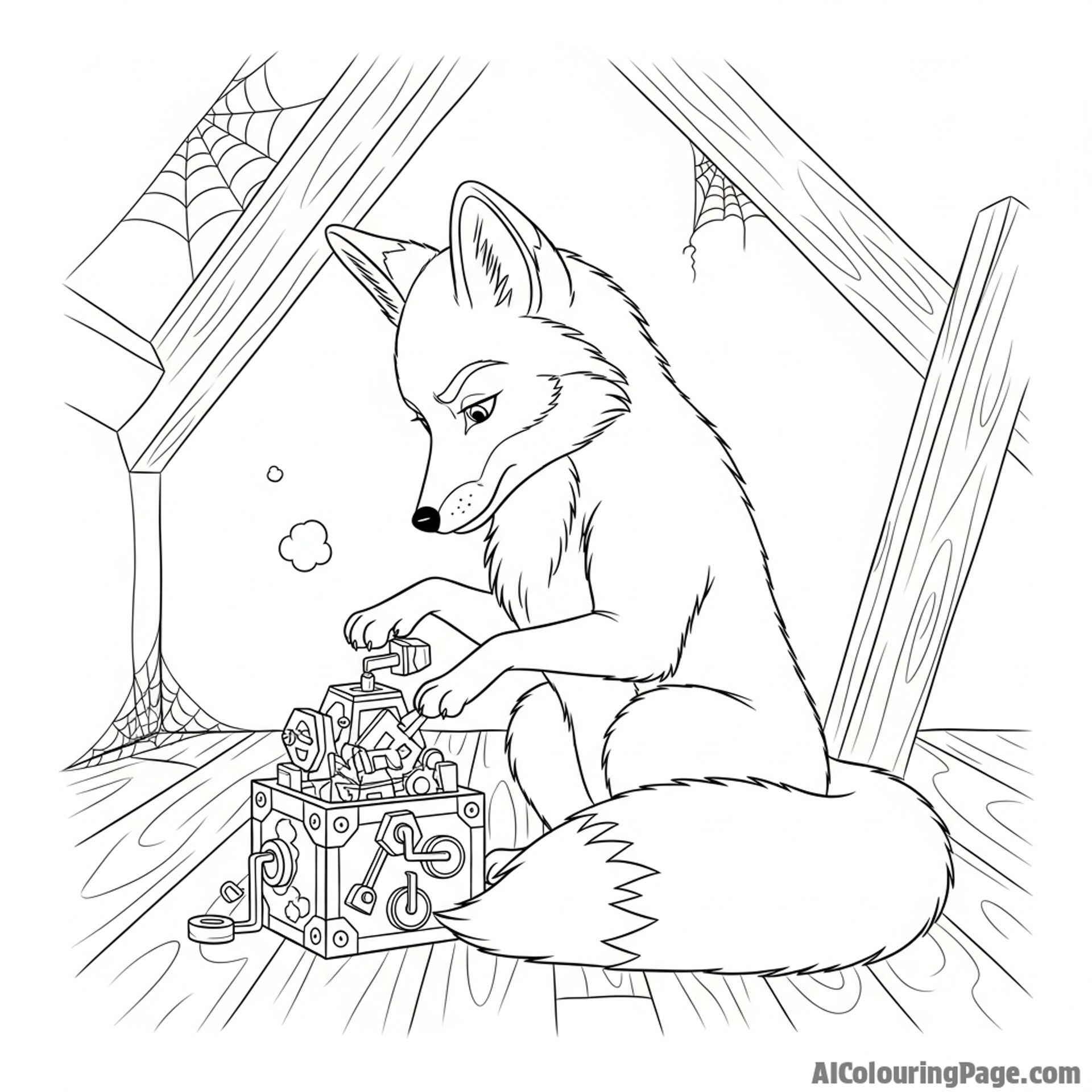A clever fox solving a complex puzzle box with its paws in a dusty attic.