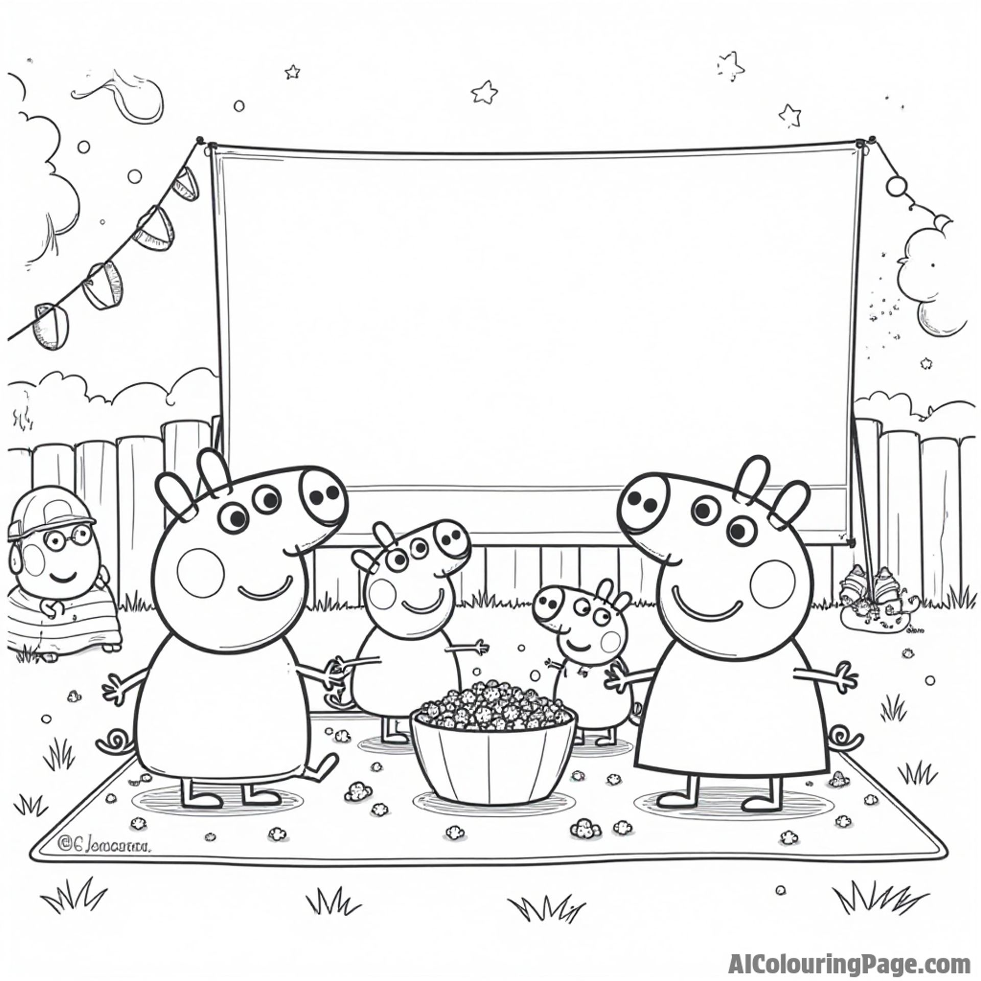 Peppa Pig and her friends having a fun movie night with popcorn, blankets, and a big screen in the backyard.