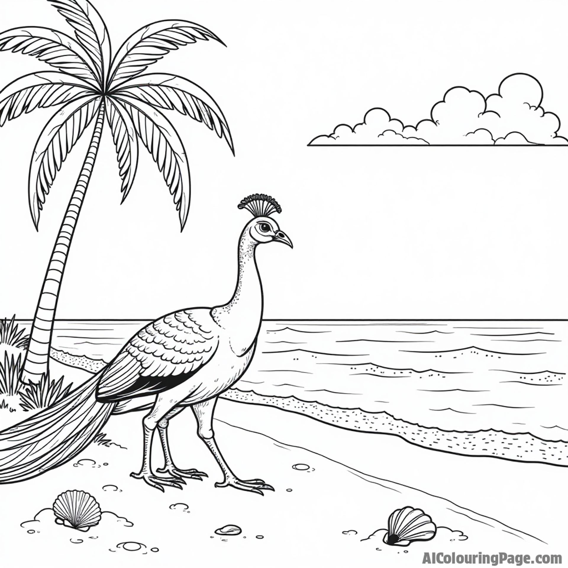 A peacock standing on a beach with palm trees and seashells in the sand, enjoying the ocean breeze