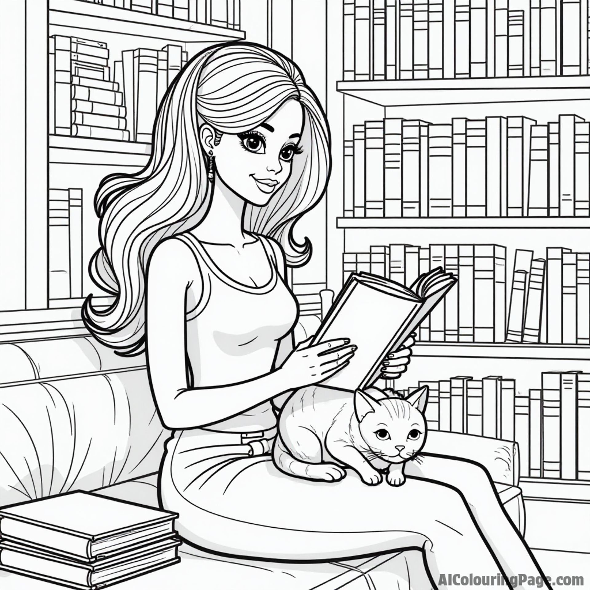 Barbie in a cozy library, reading a book with a cat on her lap, surrounded by shelves filled with colorful books.