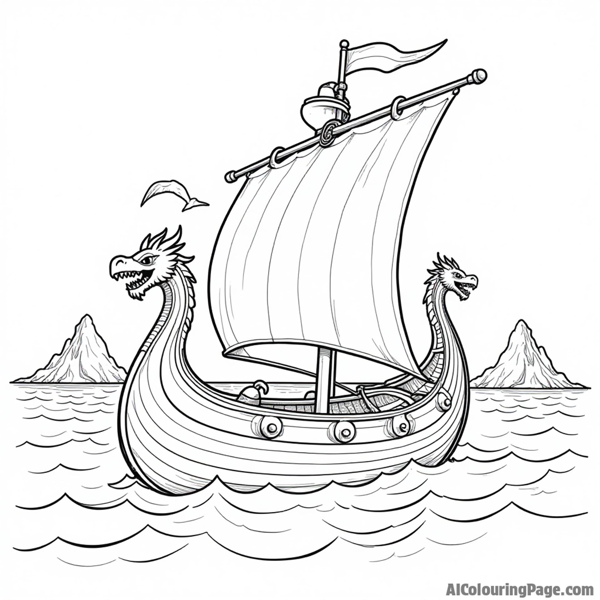 A Viking ship with a dragon figurehead sailing on rough seas, alongside a seagull and a distant island, creating an adventurous scene for children to color in this history-themed page.