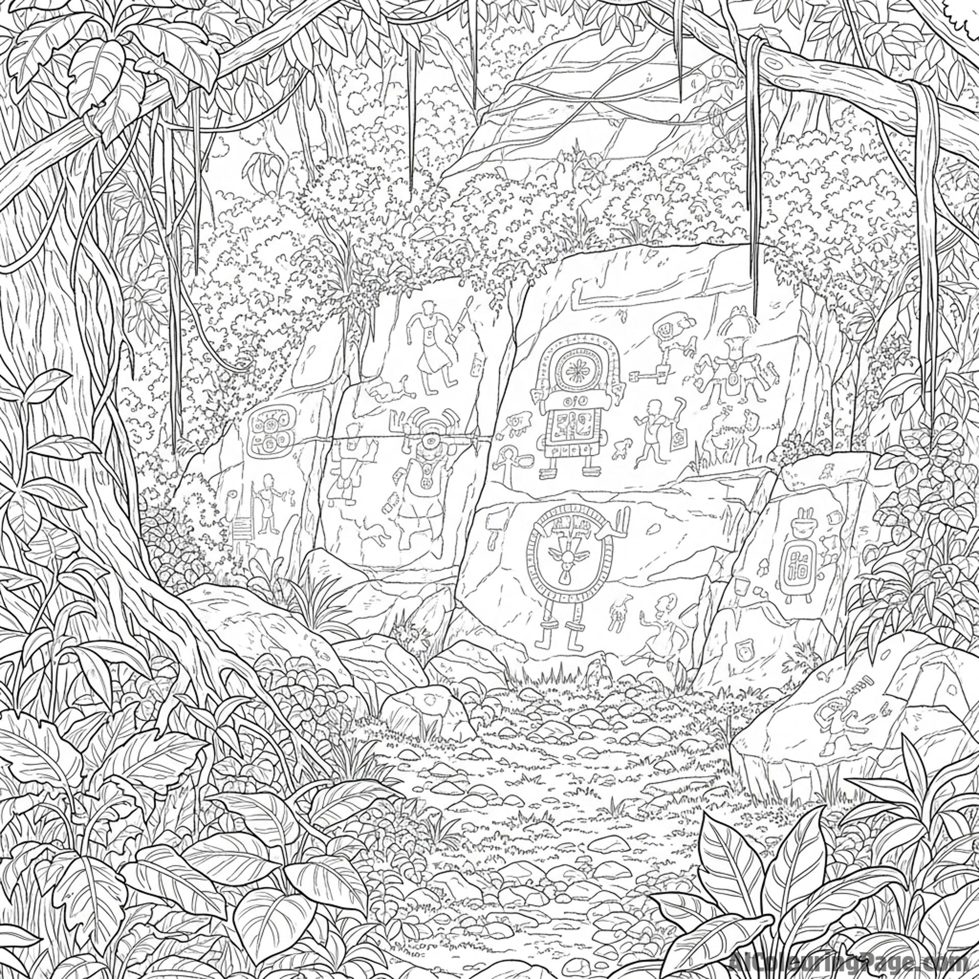 Ancient petroglyphs covered in lichen in an overgrown part of the jungle.