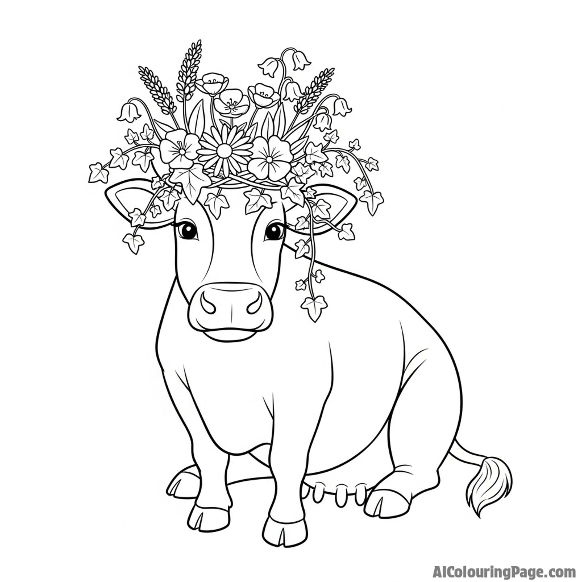 A beautiful cow adorned with a crown woven from wildflowers and ivy.