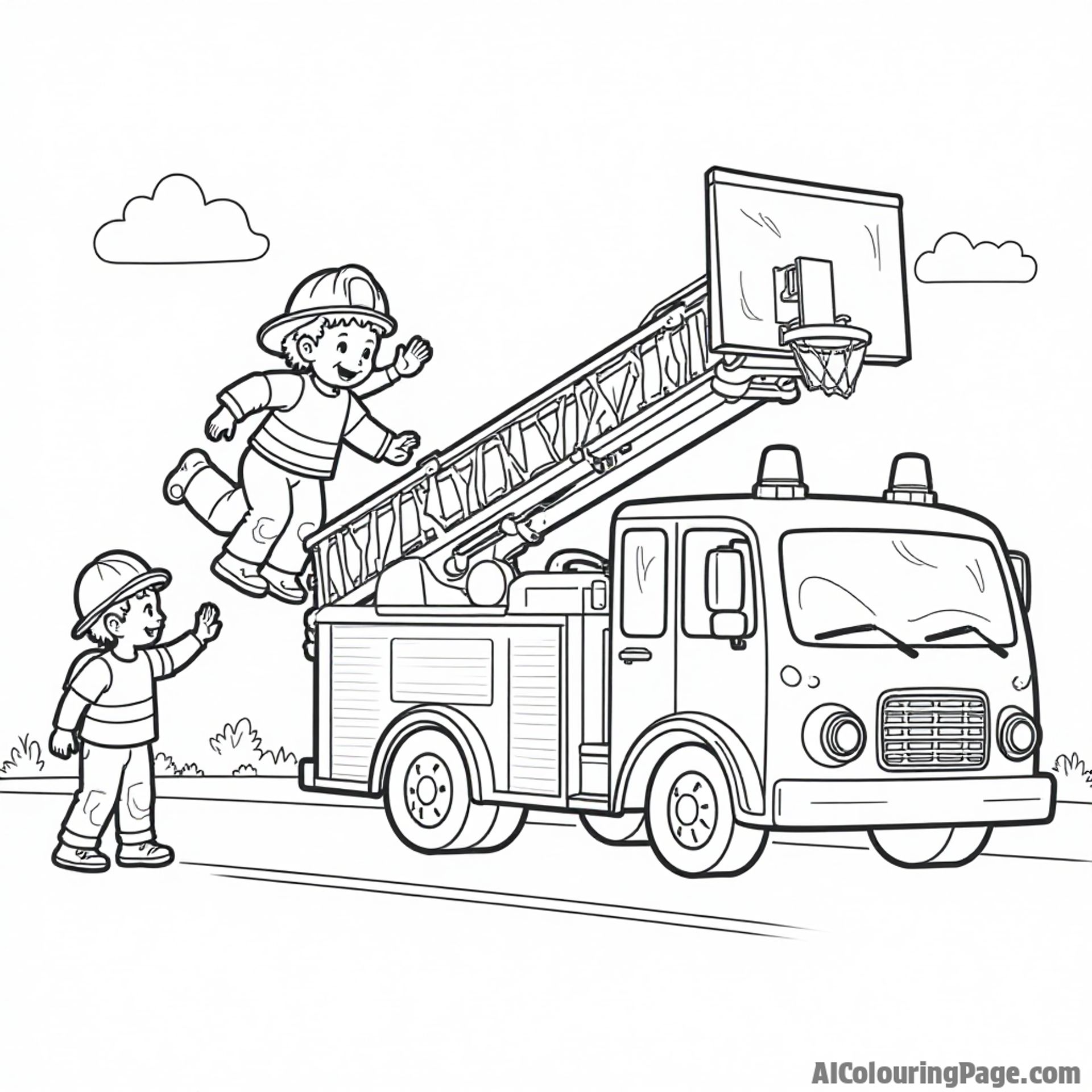 A firefighter sliding down a fire pole next to a fire truck, with children playing basketball in the background, all designed for a fun coloring experience.