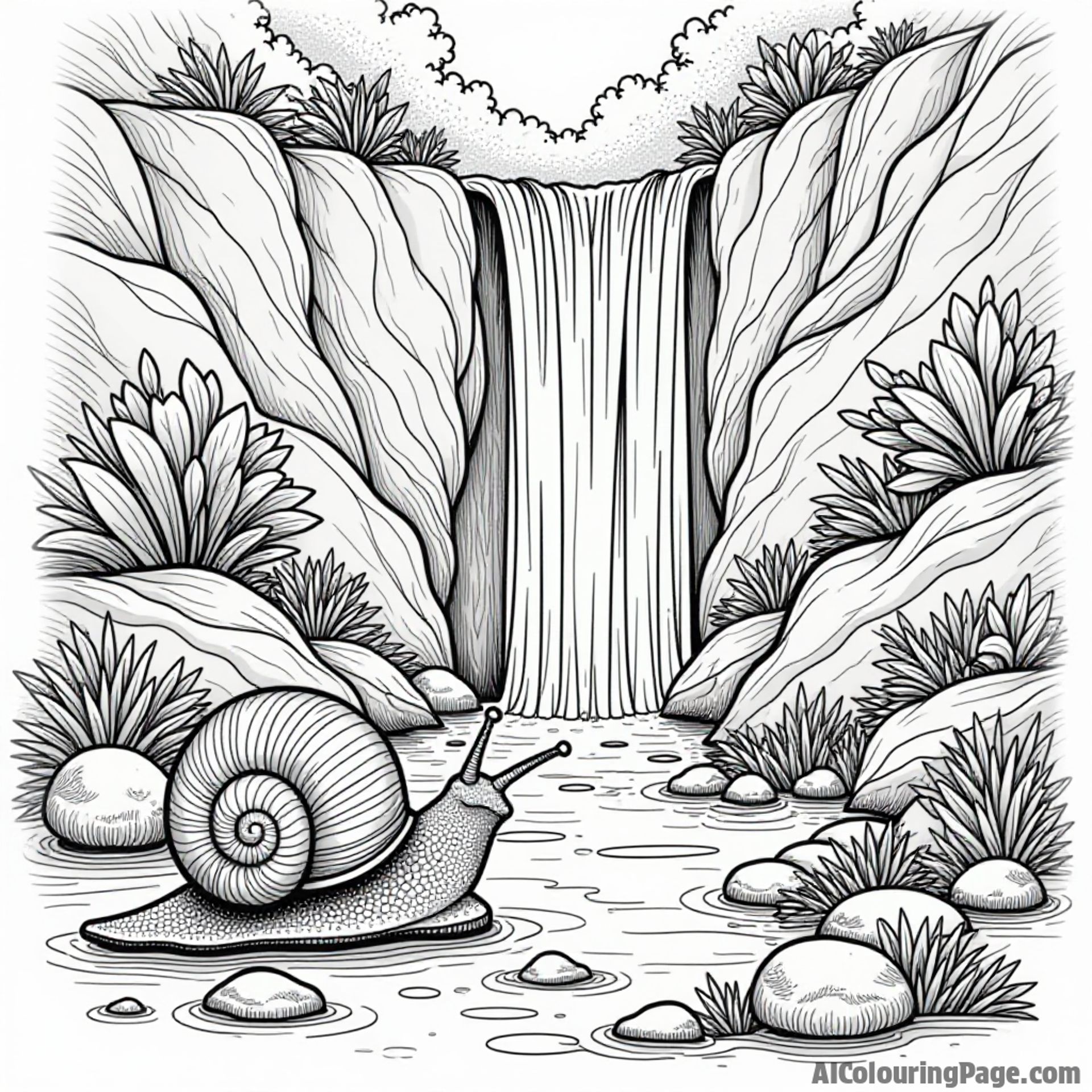 A snail discovering a hidden waterfall, with colorful rocks and lush greenery creating a serene nature scene.