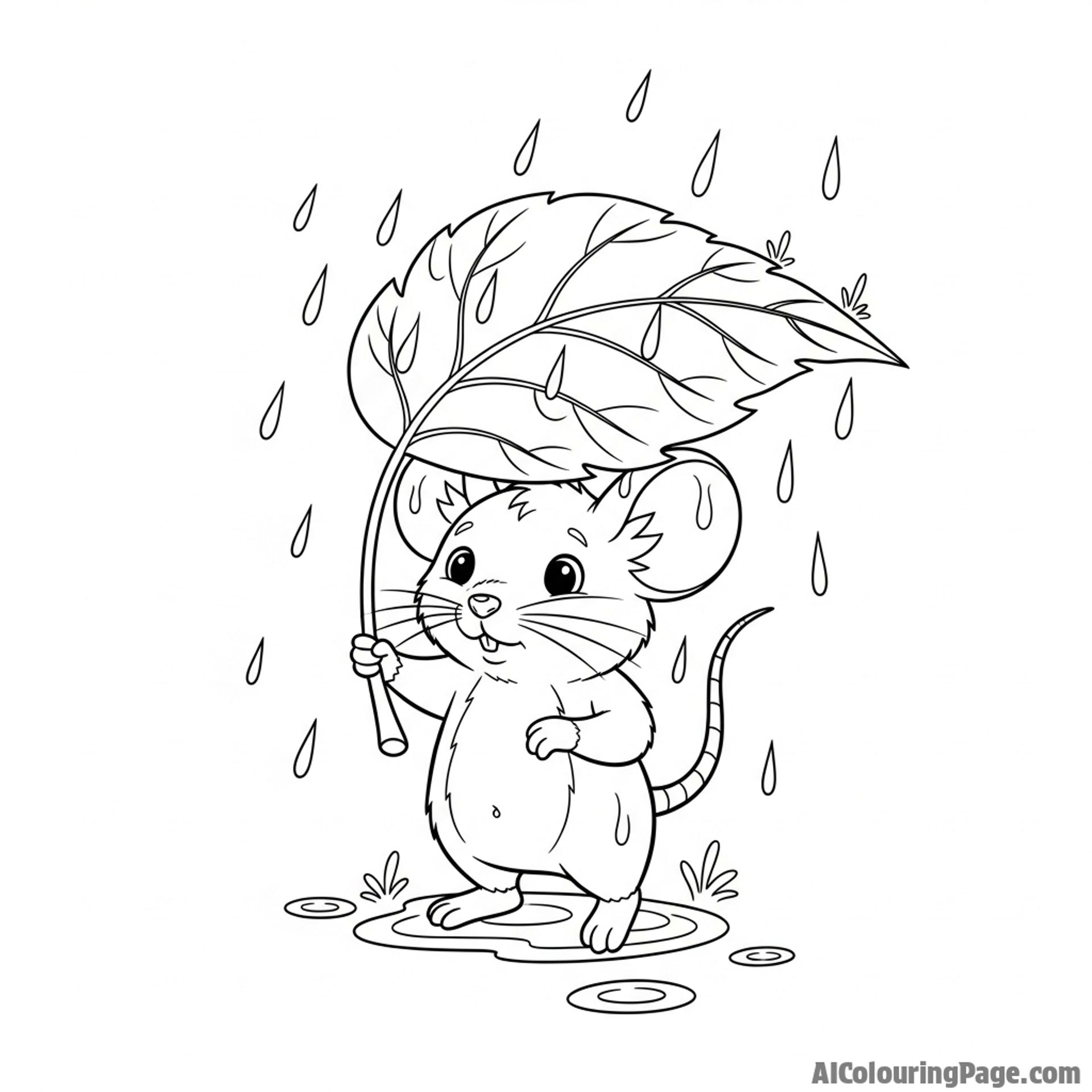 A whimsical illustration of a mouse using a large leaf as an umbrella in a downpour.