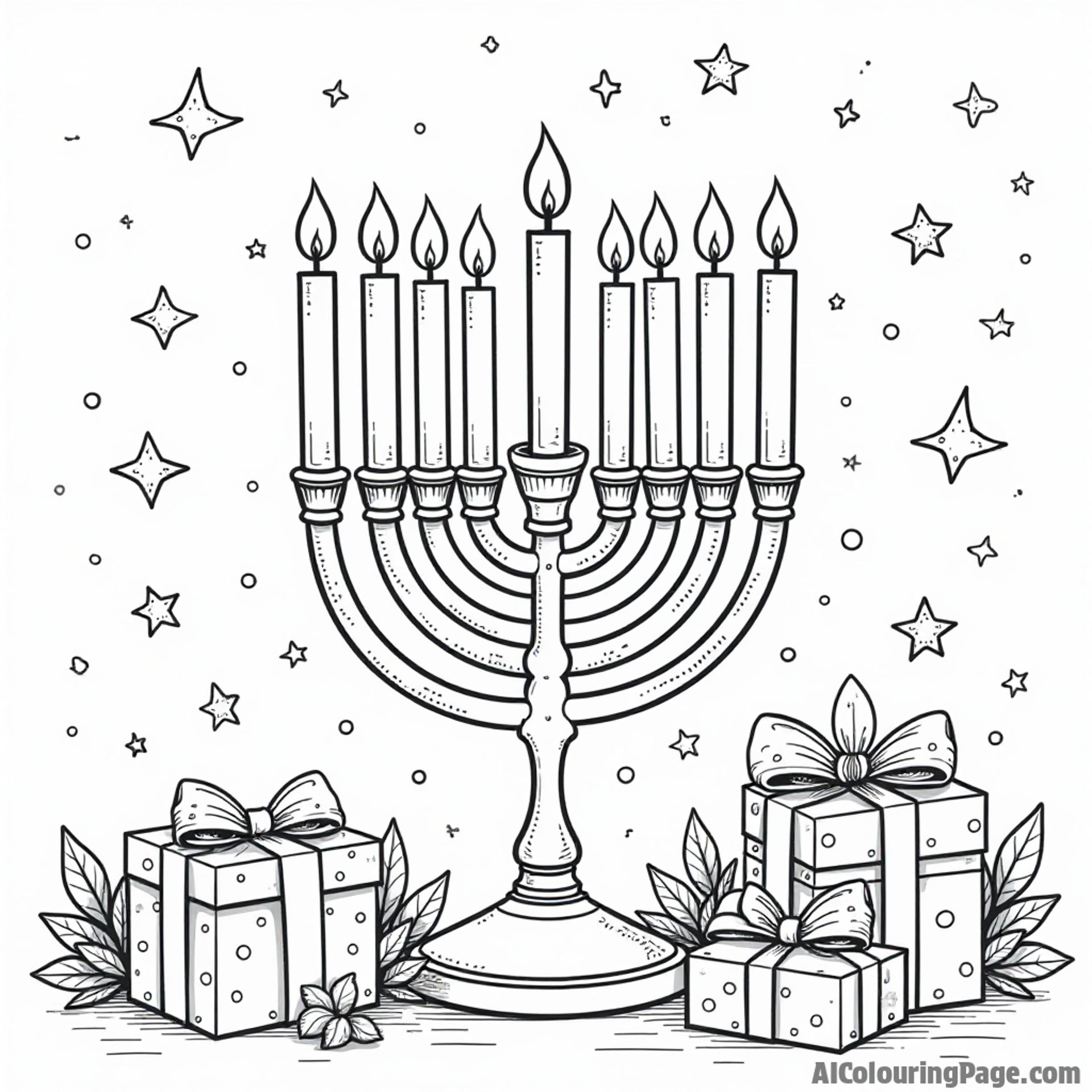 A menorah with colorful candles, surrounded by gifts and decorations, set against a starry night sky, allowing children to express their creativity in a joyful Hanukkah coloring page.
