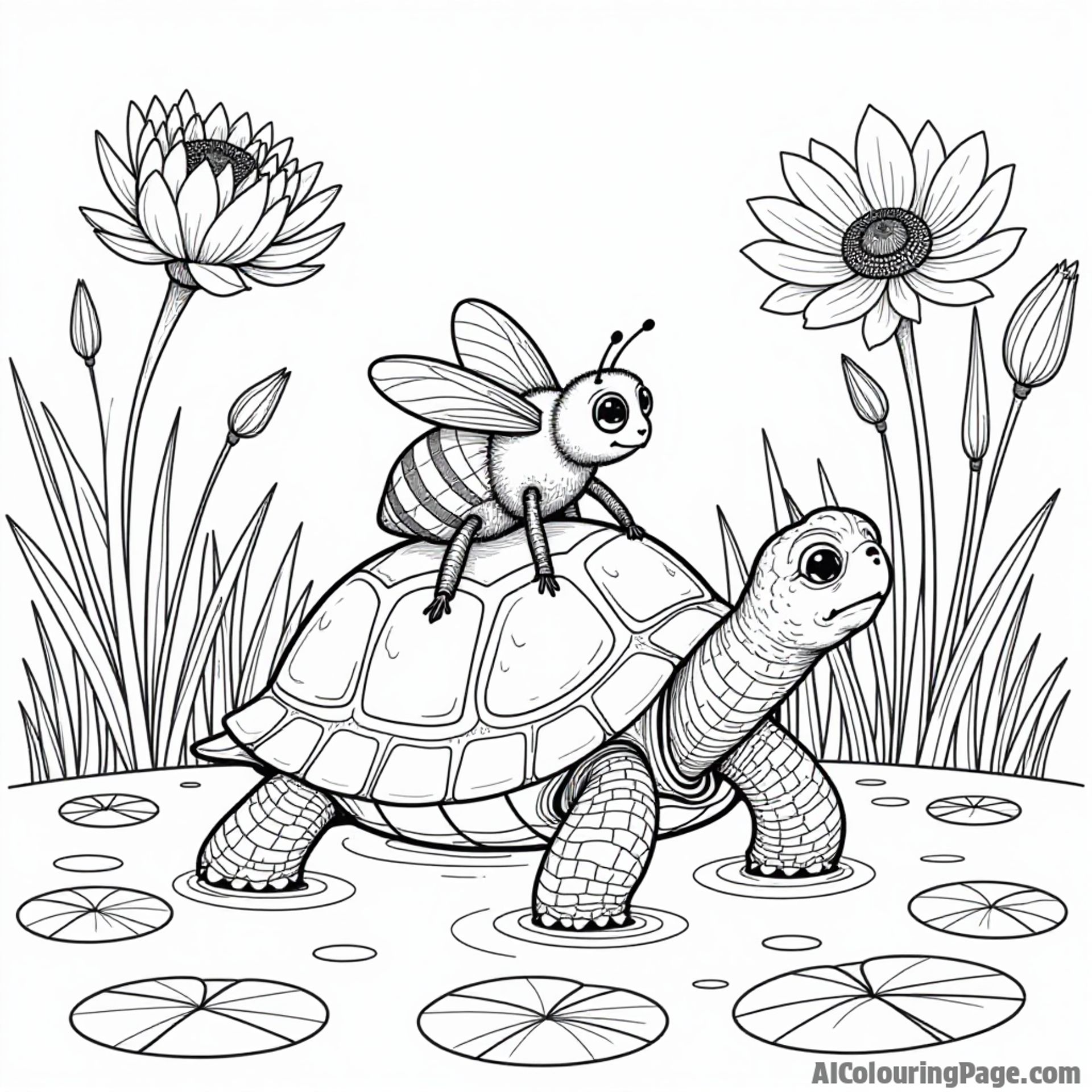 A bee riding on the back of a turtle, exploring a pond filled with lily pads and flowers in full bloom.