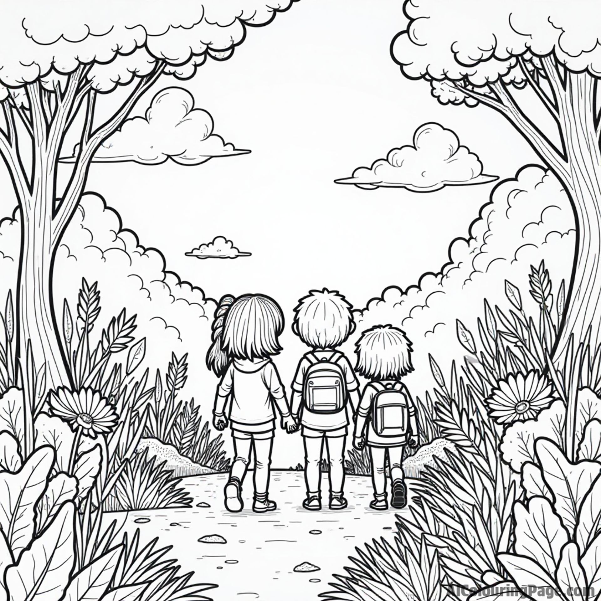 A group of friends exploring a vibrant alien forest filled with unusual plants and playful creatures, under a bright sky.