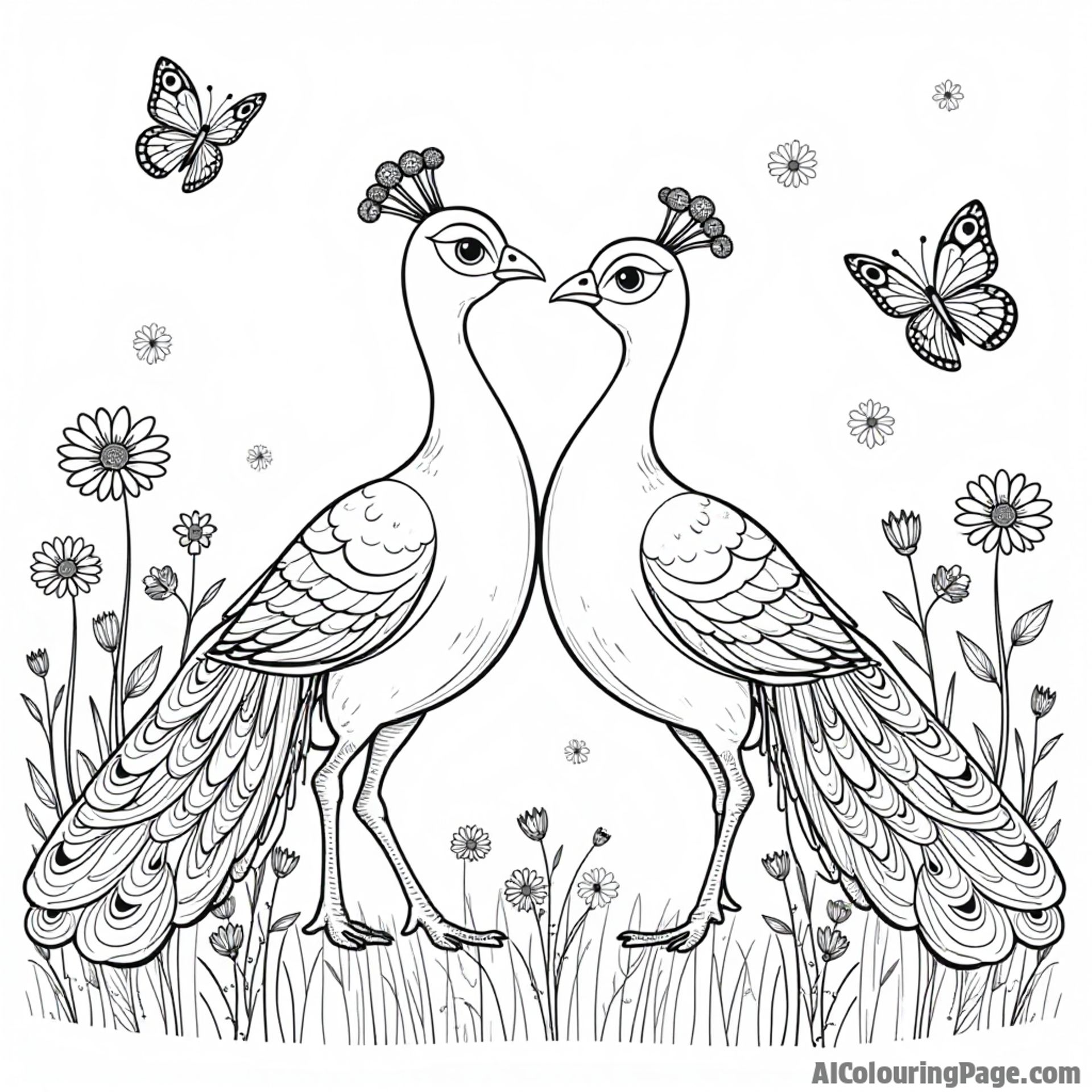 Two playful peacocks dancing together in a lush meadow filled with daisies and butterflies fluttering around them joyfully