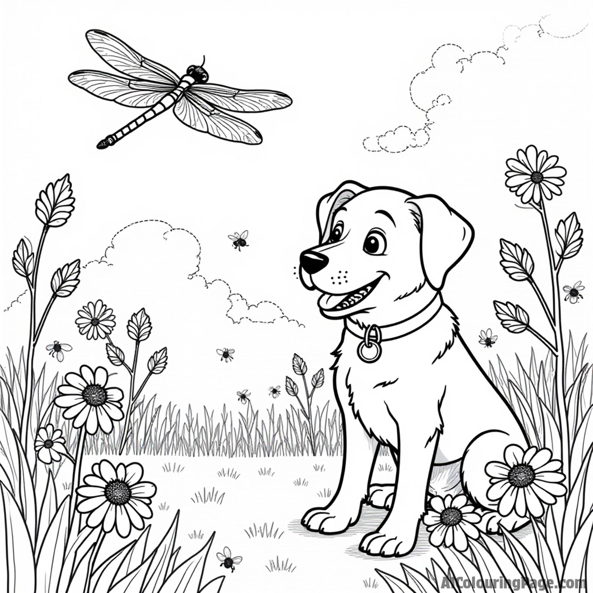 A dragonfly flying beside a friendly dog in a backyard filled with colorful flowers and buzzing bees.