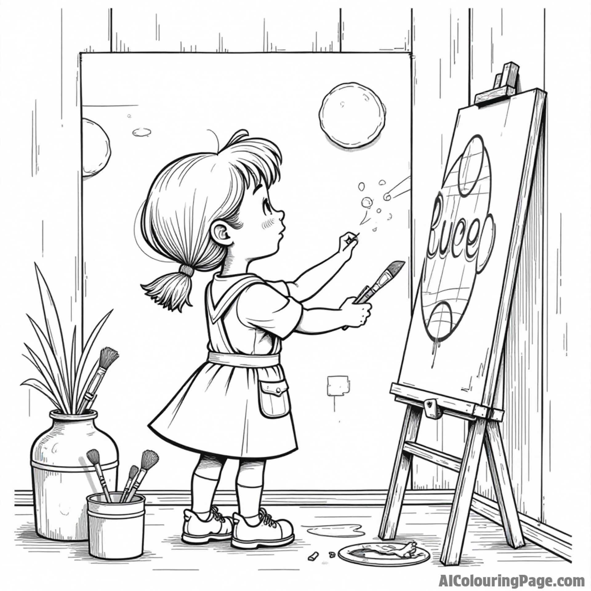 Lucy painting a large mural on a wall with brushes and paint cans scattered around her
