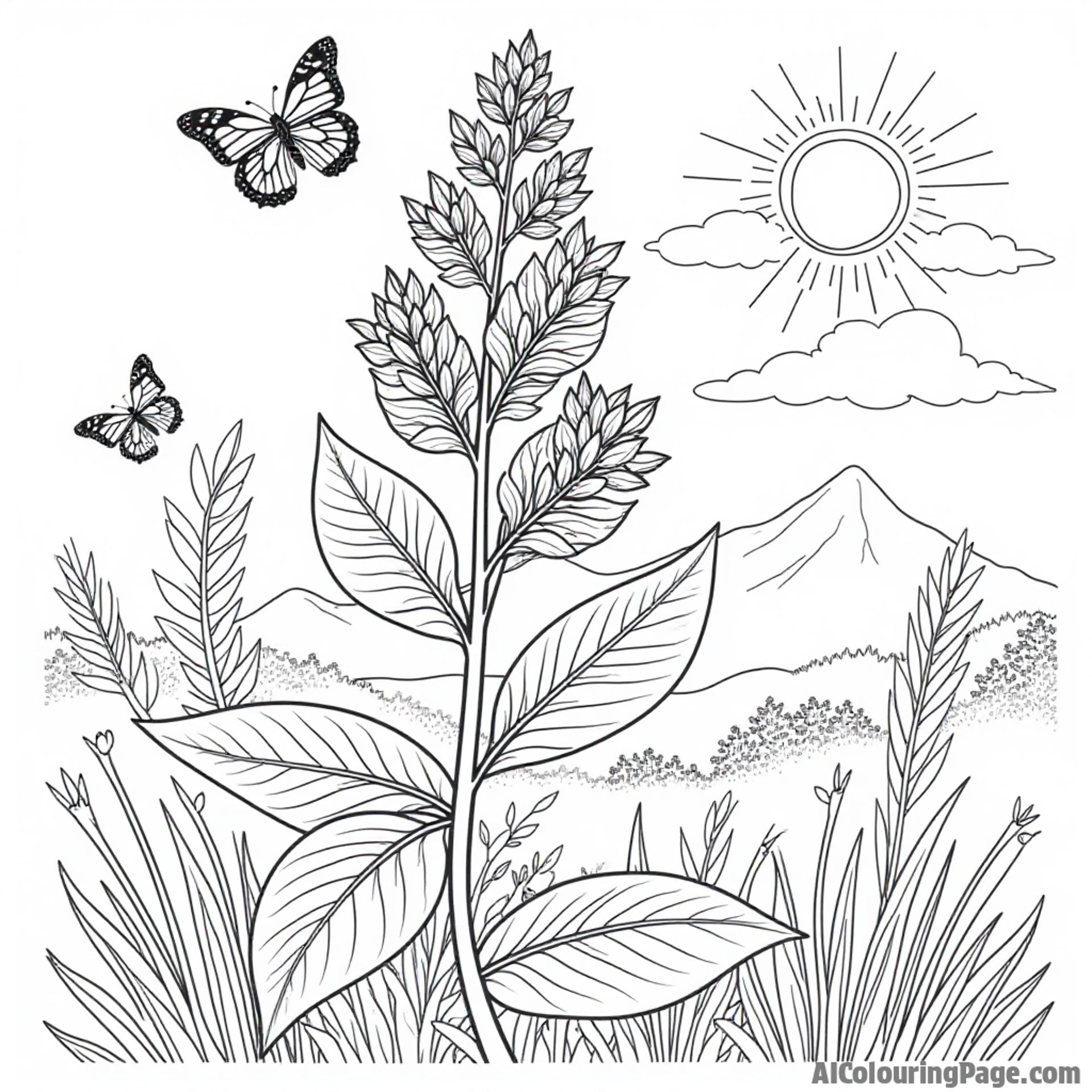 Connecticut state flower, the Mountain Laurel, surrounded by butterflies and a sunny sky, great for a coloring adventure.