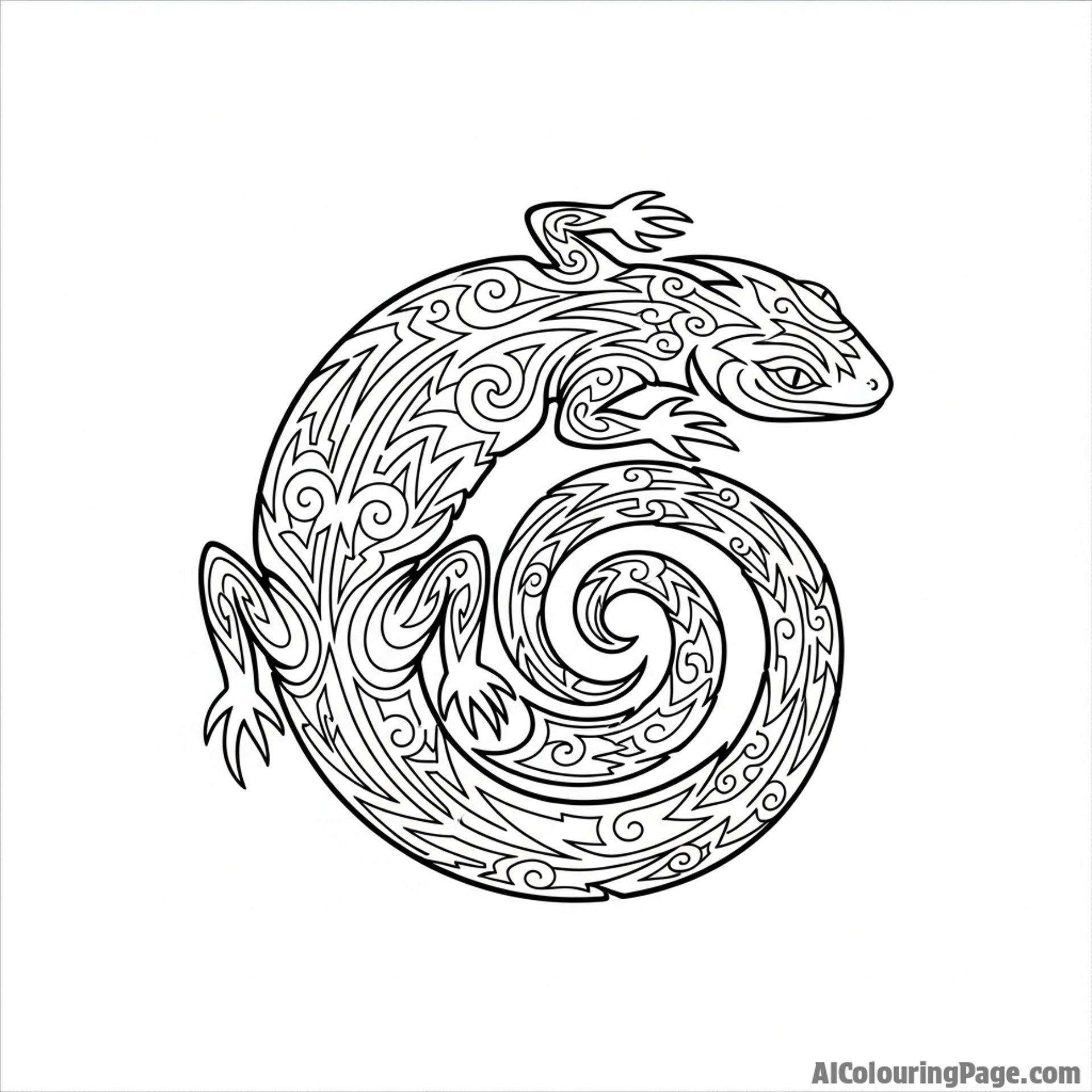 A stylized, tribal tattoo design of a coiled lizard.