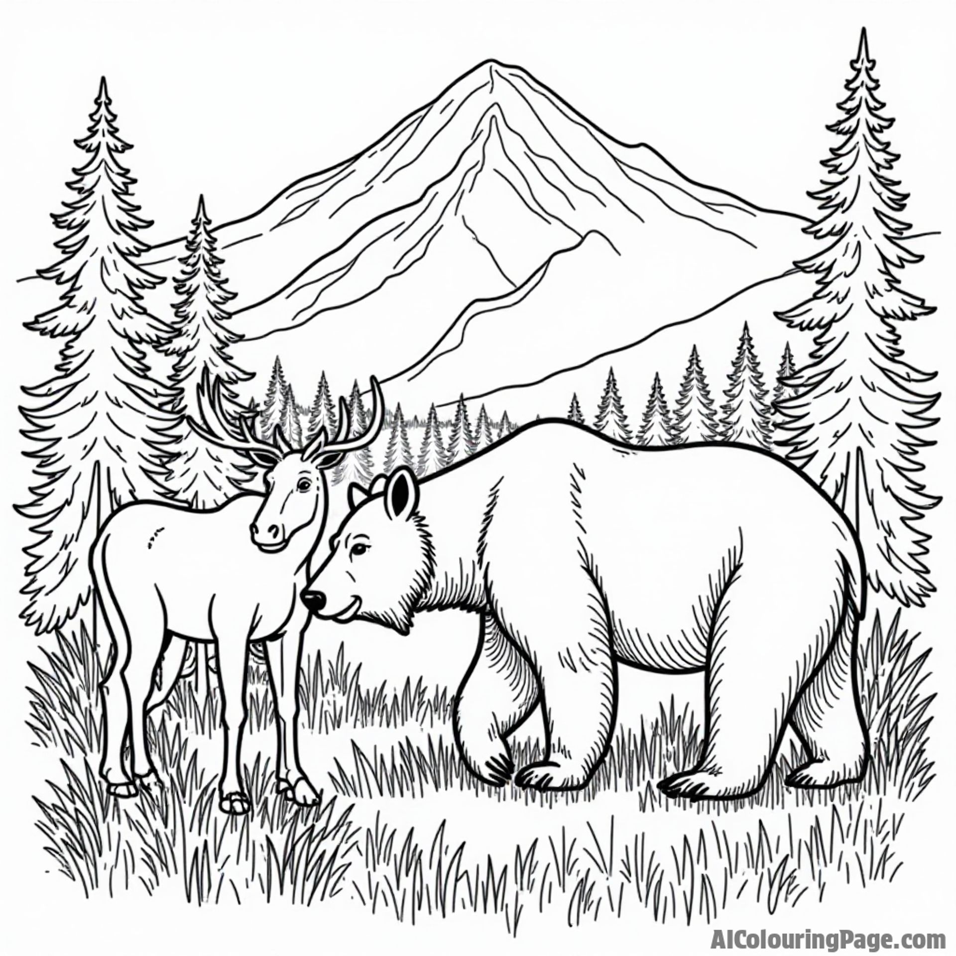 An iconic Montana wildlife scene with a grizzly bear, a moose, and wildflowers, designed for imaginative coloring fun.