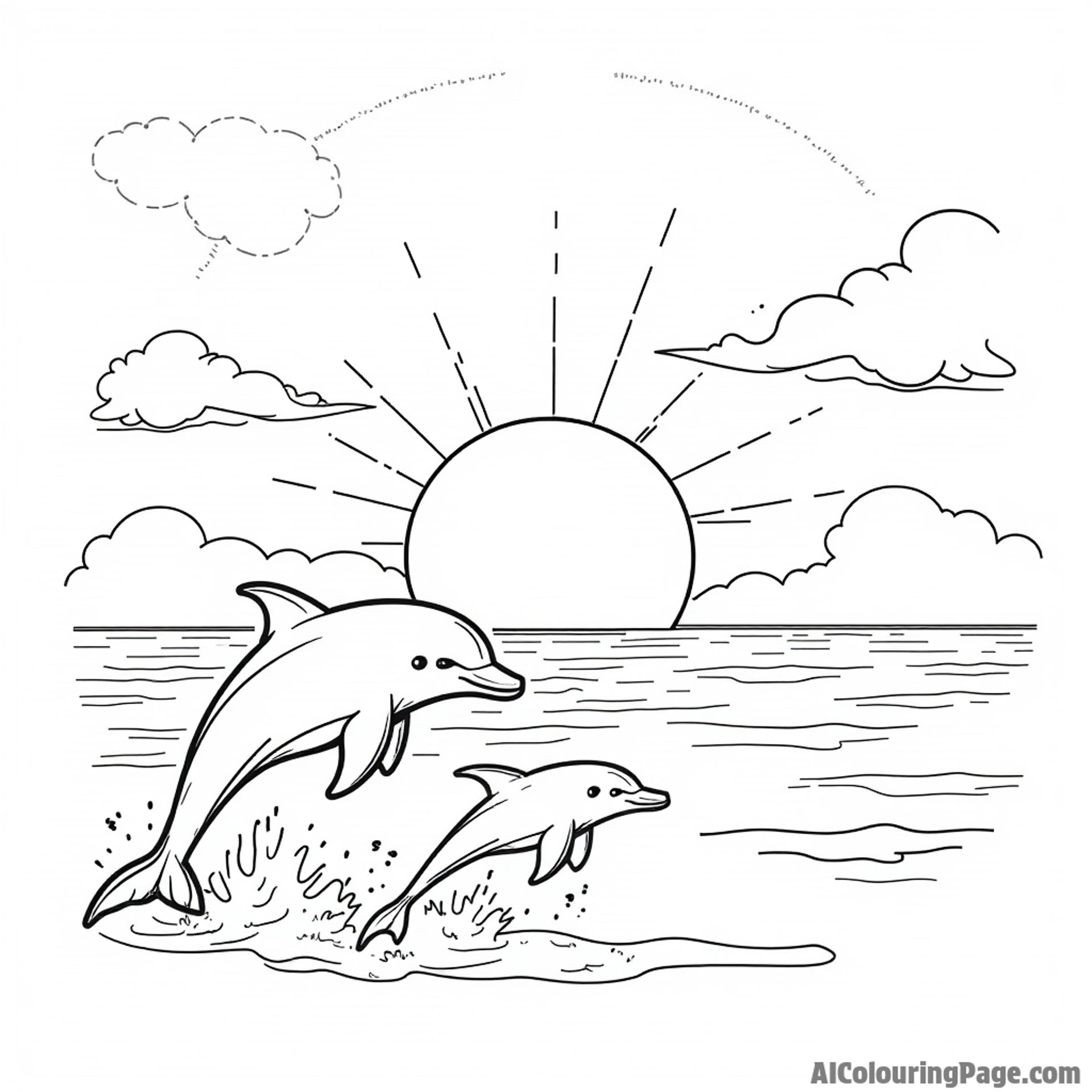 A beautiful sunset backdrop with the ark silhouetted against the sky, featuring a pair of dolphins jumping joyfully.