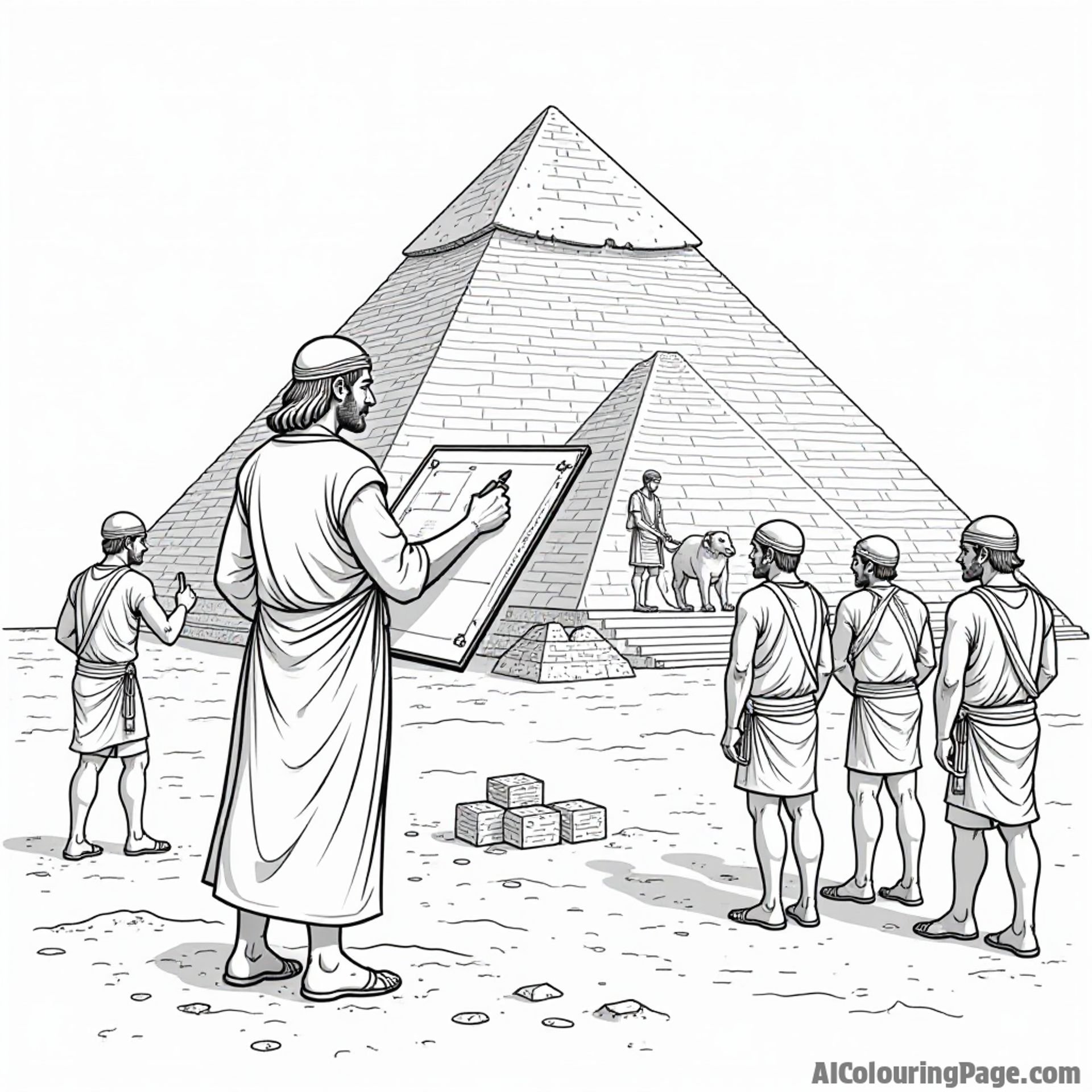An ancient Egyptian architect sketching out a pyramid with tools and blueprints, surrounded by workers carrying stones, illustrating the teamwork and creativity involved in building these monumental structures.