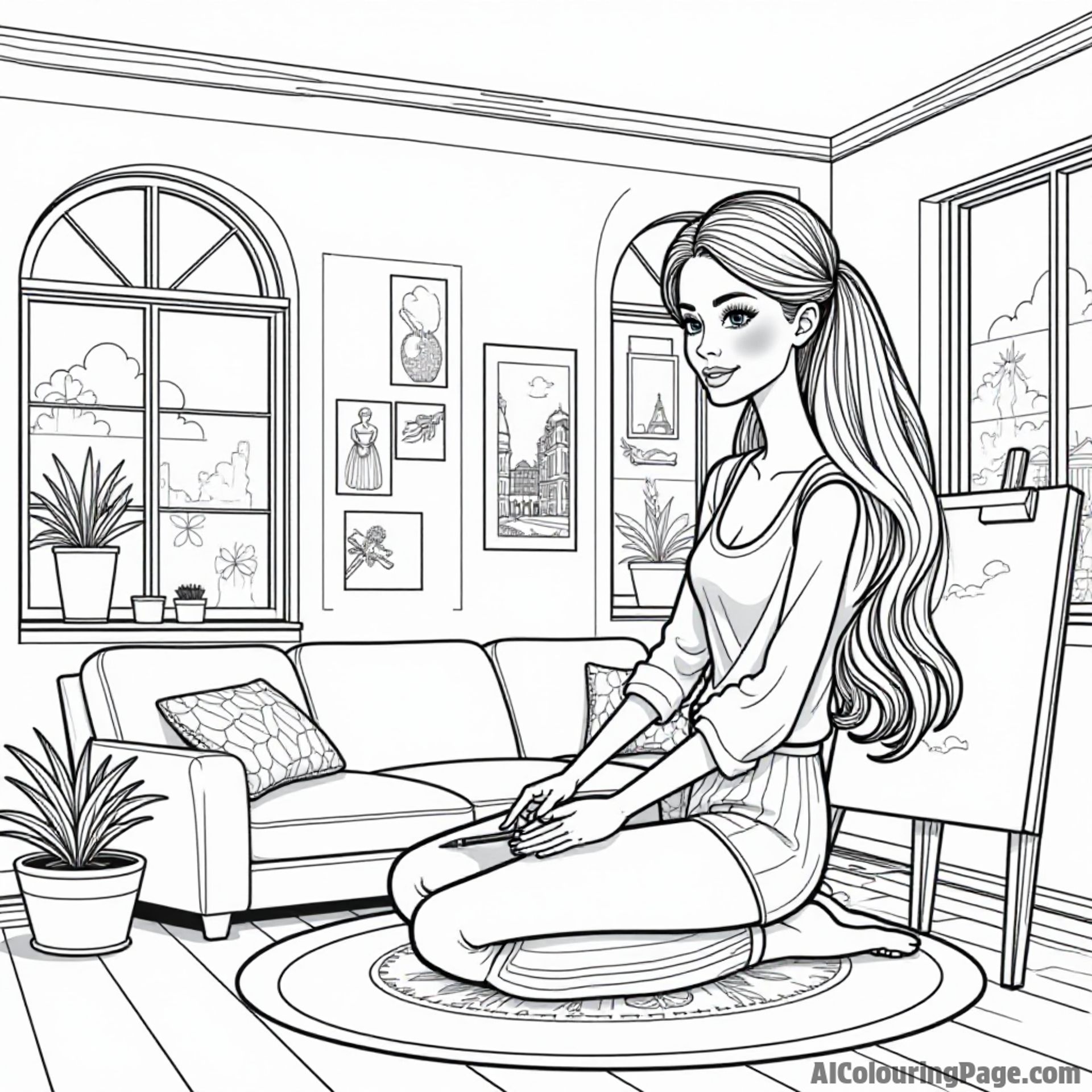 Barbie decorating her dream house, with furniture and art supplies around, imagining her perfect living space.