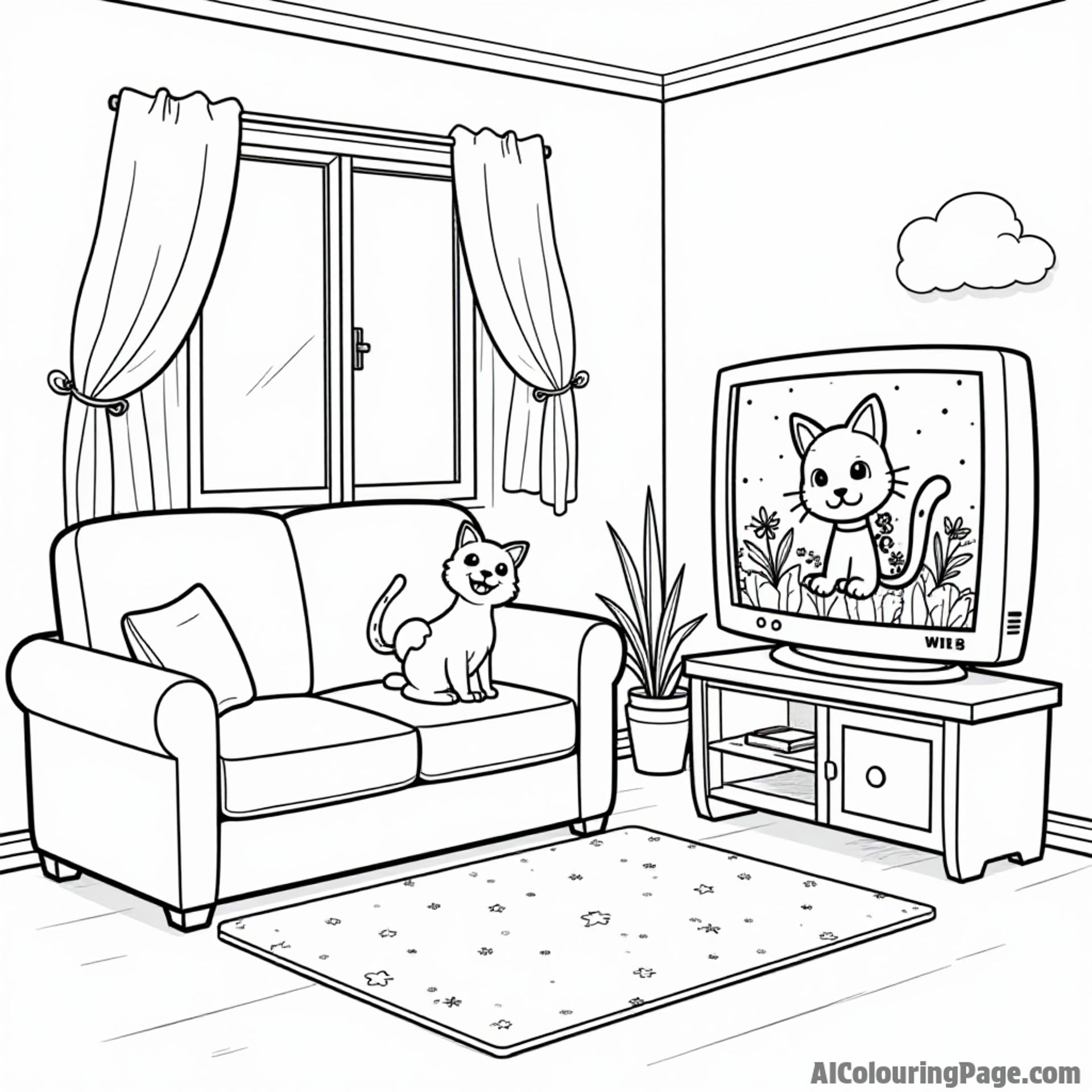 A cozy living room with a happy sofa, a playful pet cat, and a cheerful TV showing colorful cartoons.