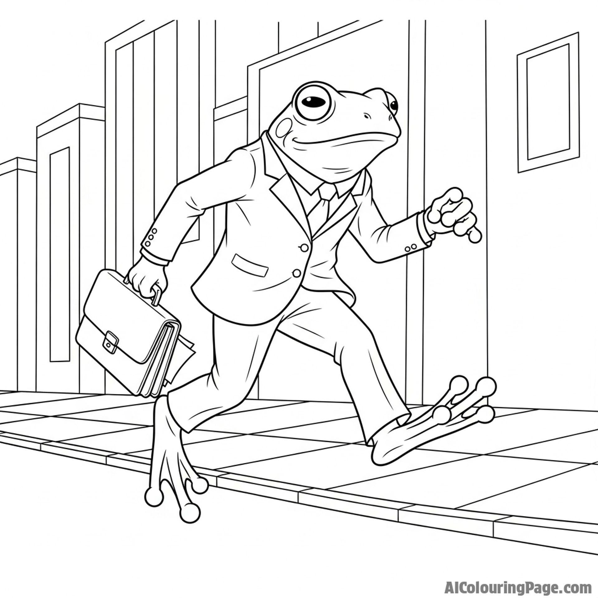 A frog in a business suit, carrying a briefcase and hopping down a city street.