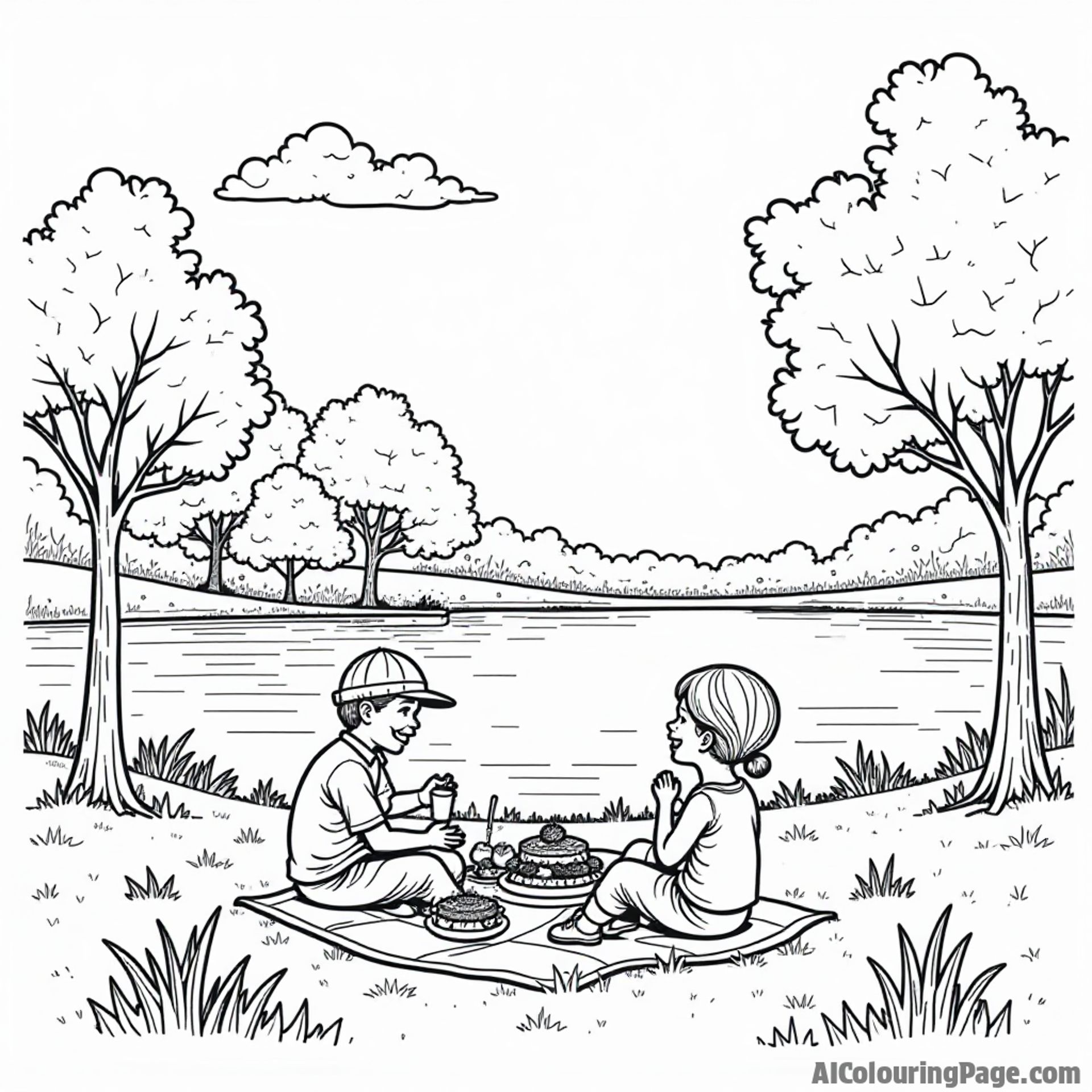An adventurous scene of a family enjoying a picnic in an Ohio park, with trees, a lake, and a kite