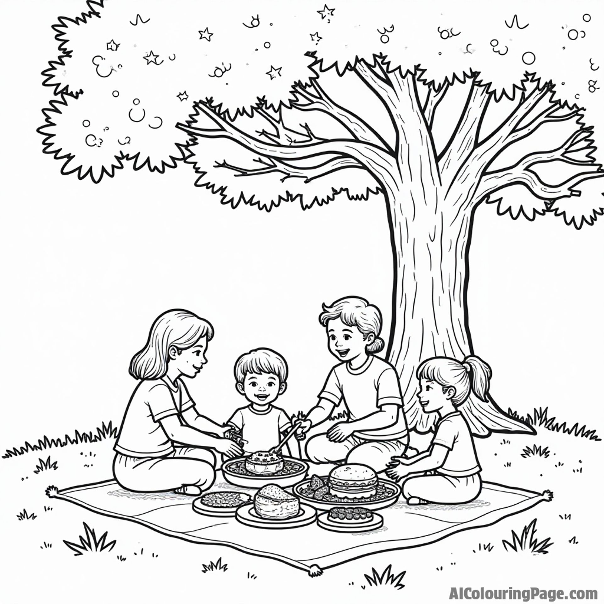 A playful scene of a family enjoying a picnic under a large oak tree, with delicious Southern food spread out on a blanket.