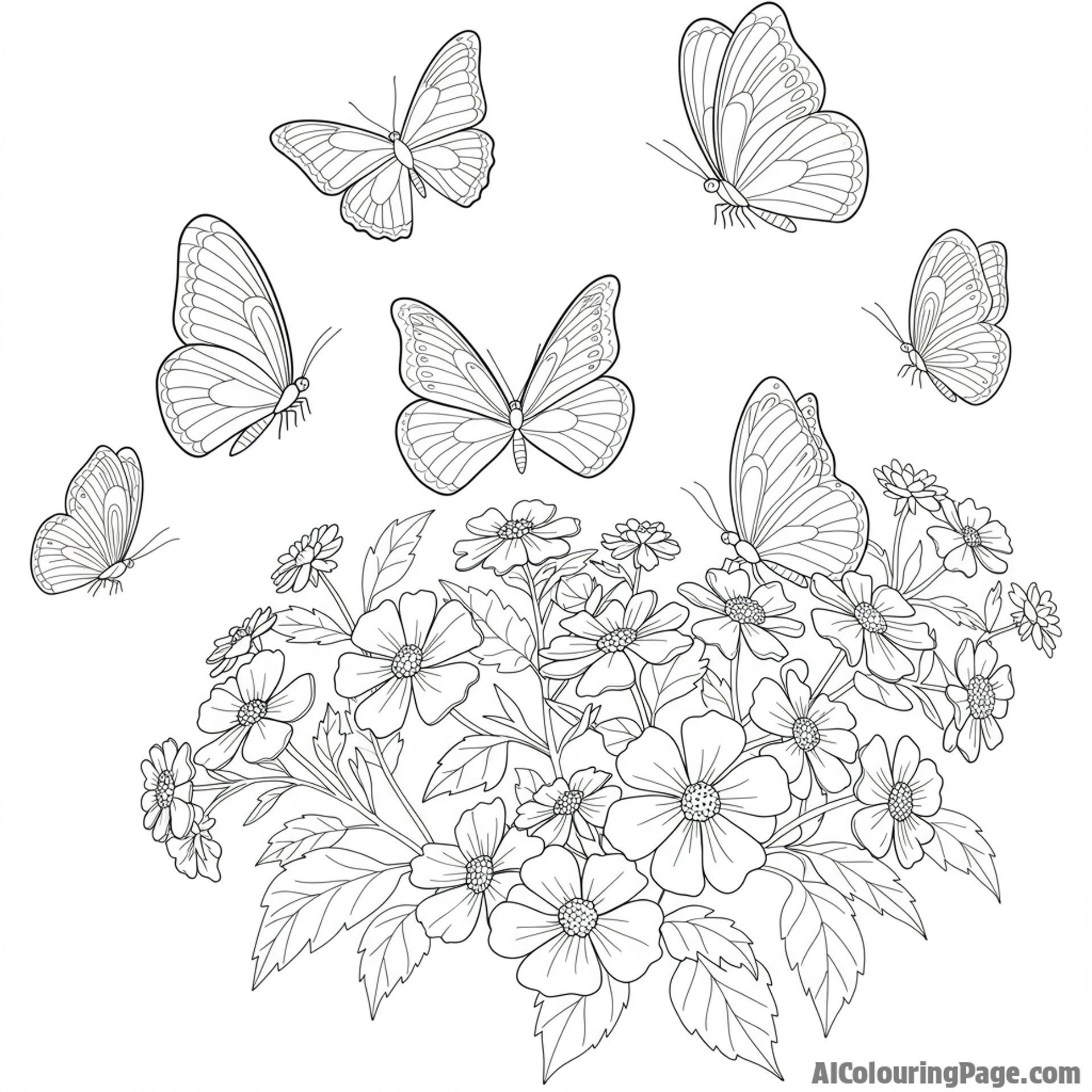 A group of butterflies fluttering around a nectar-rich flower bush.