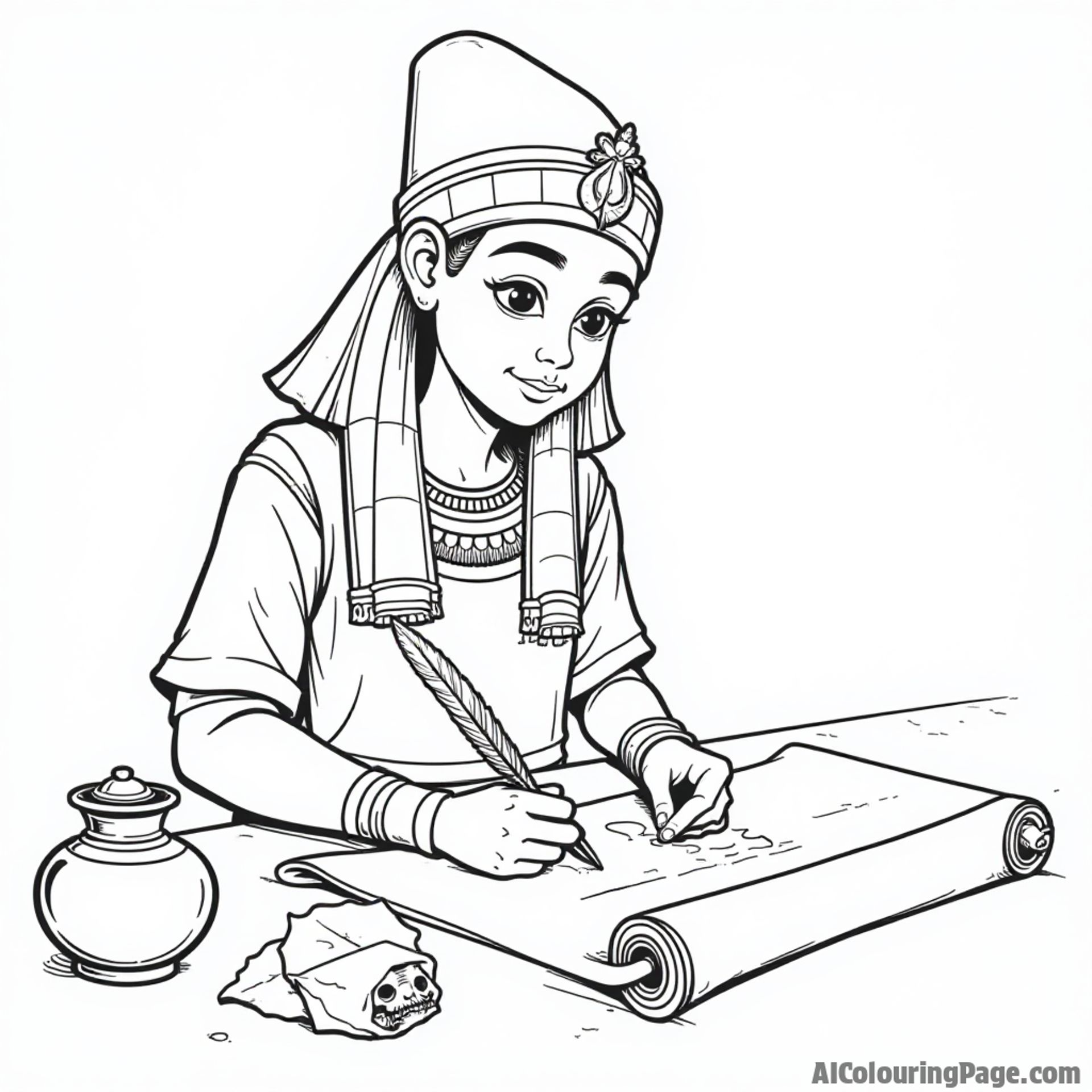 A wise ancient Egyptian scribe writing on a papyrus scroll with a quill, surrounded by scrolls and ink pots, encouraging kids to learn about writing and communication in ancient Egypt.